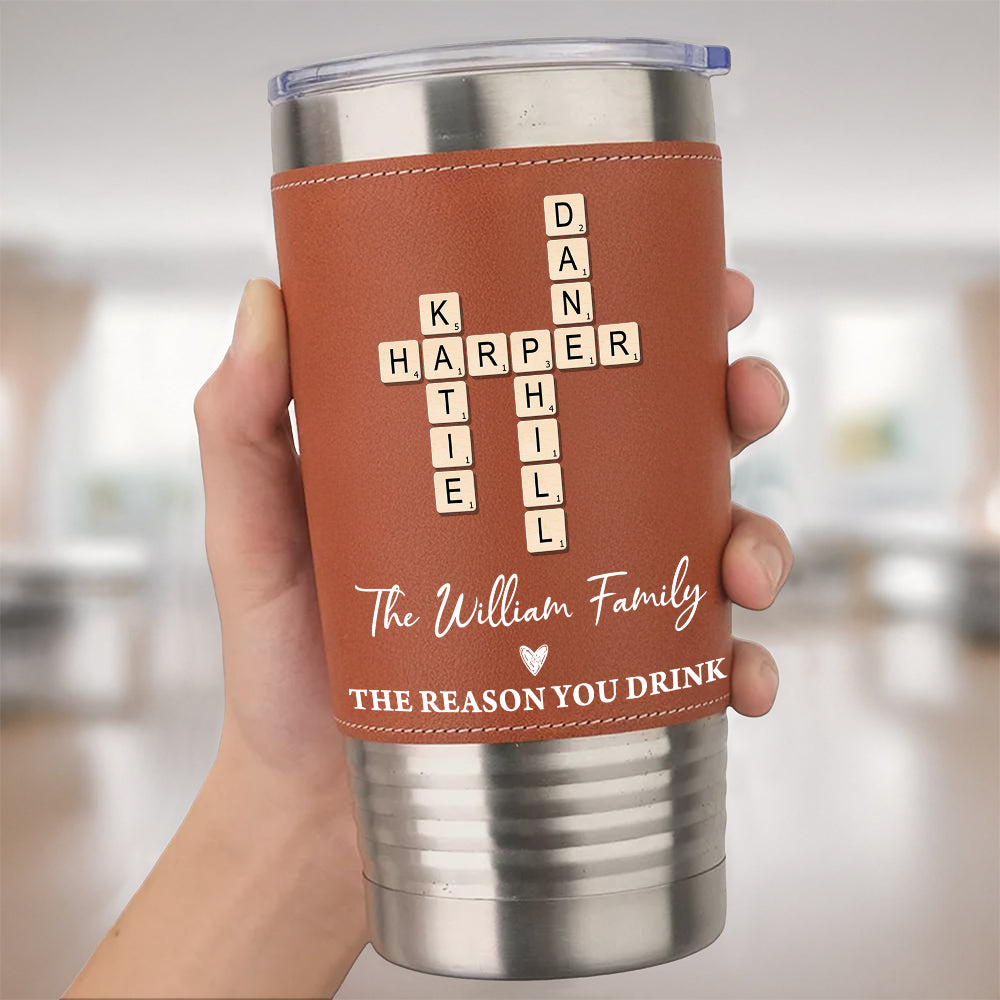 Family Name Crossword - Personalized Leather Tumbler - Gift for Family