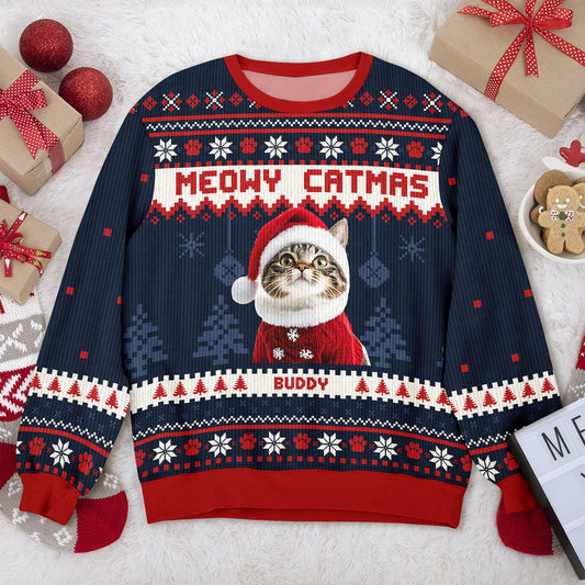 Meowy Christmas - Custom Cat Name and Photo Ugly Christmas Sweatshirt - All-Over-Print Sweatshirt
