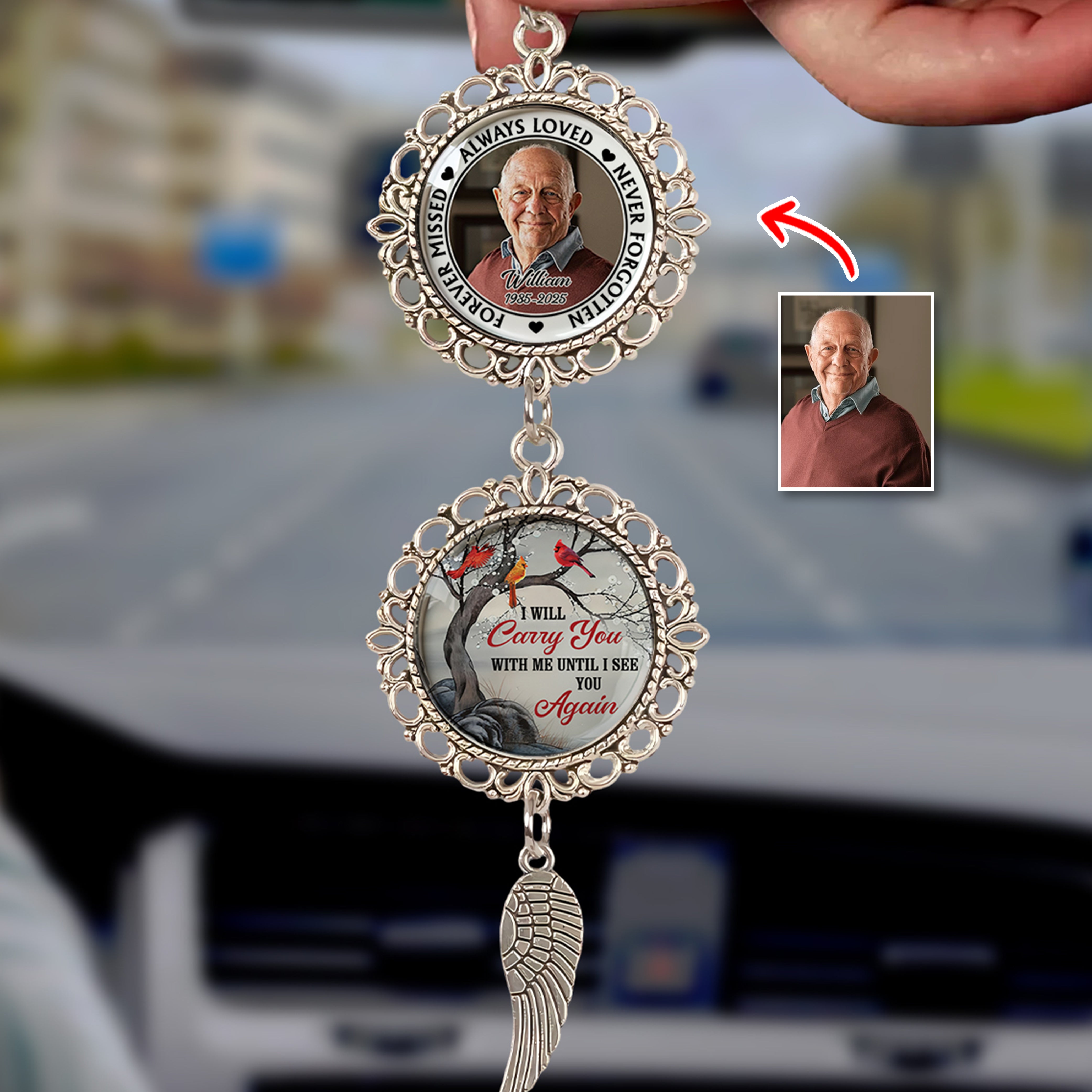 I am Always With You Cardinal- Personalized Photo Car Ornament With Charm