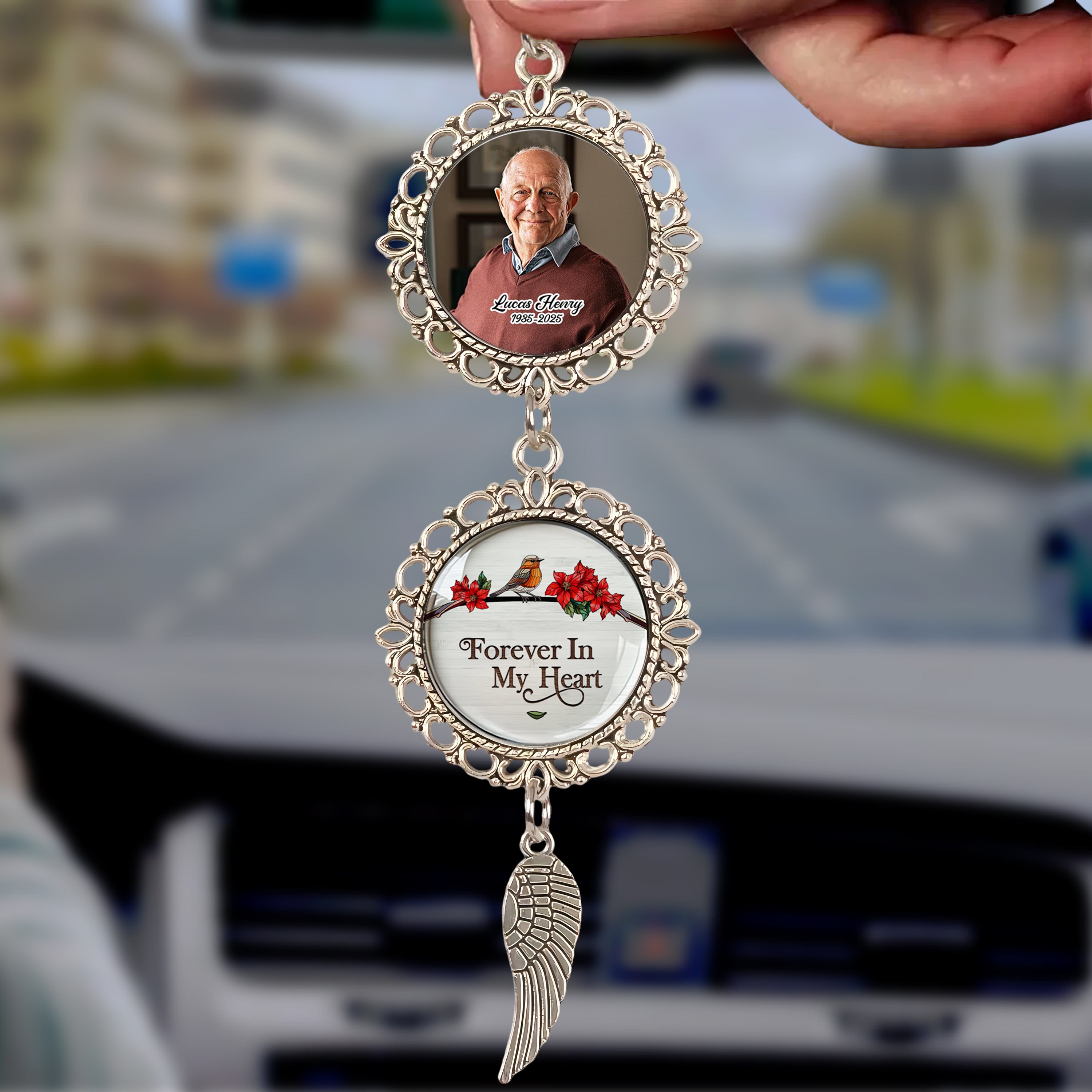 Forever In Our Hearts - Personalized Photo Car Ornament With Charm