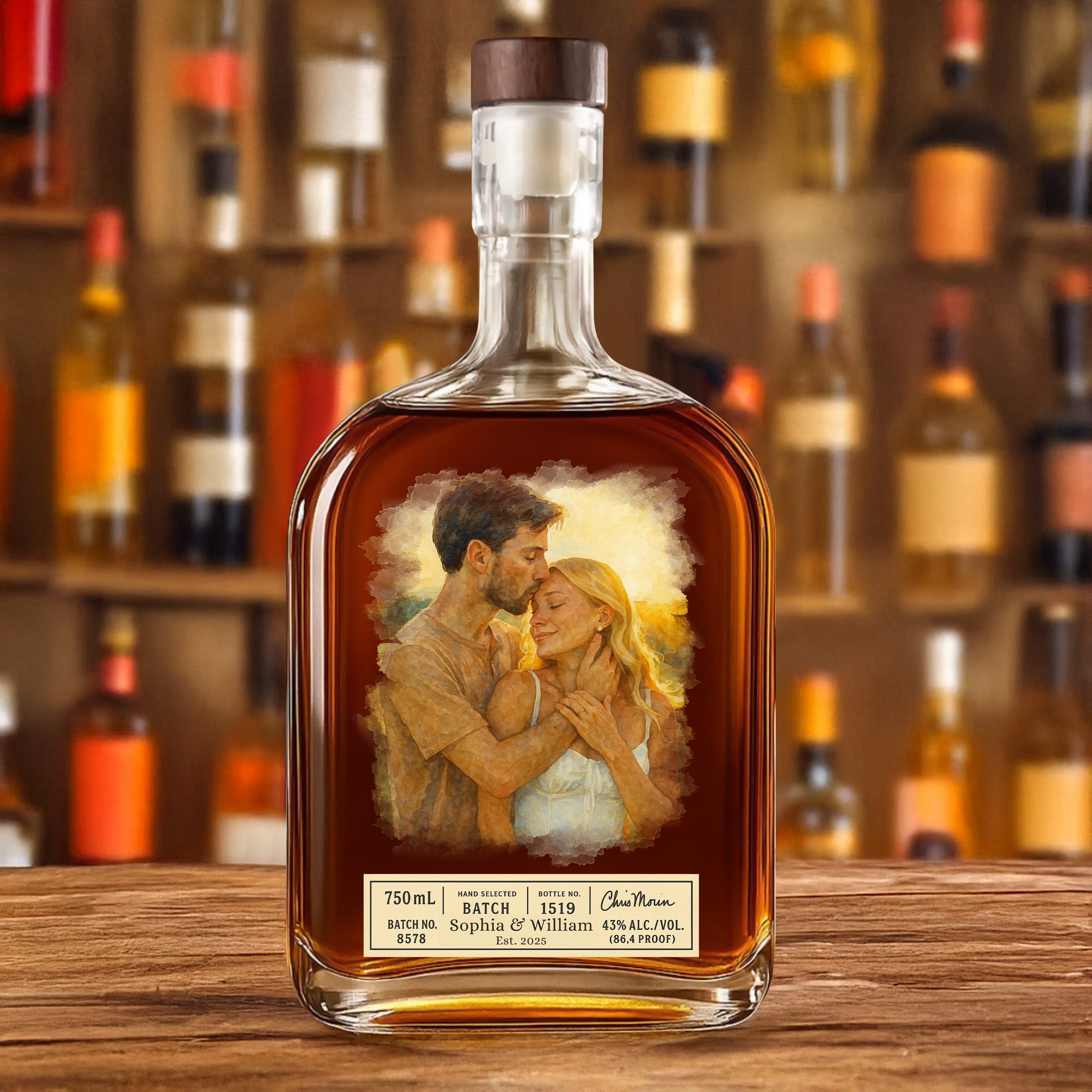Custom Name and Watercolor Photo - Personalized Custom Whiskey Bottle