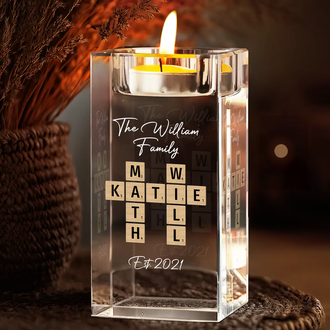 Family Name Crossword - Personalized Crystal Candle Holder