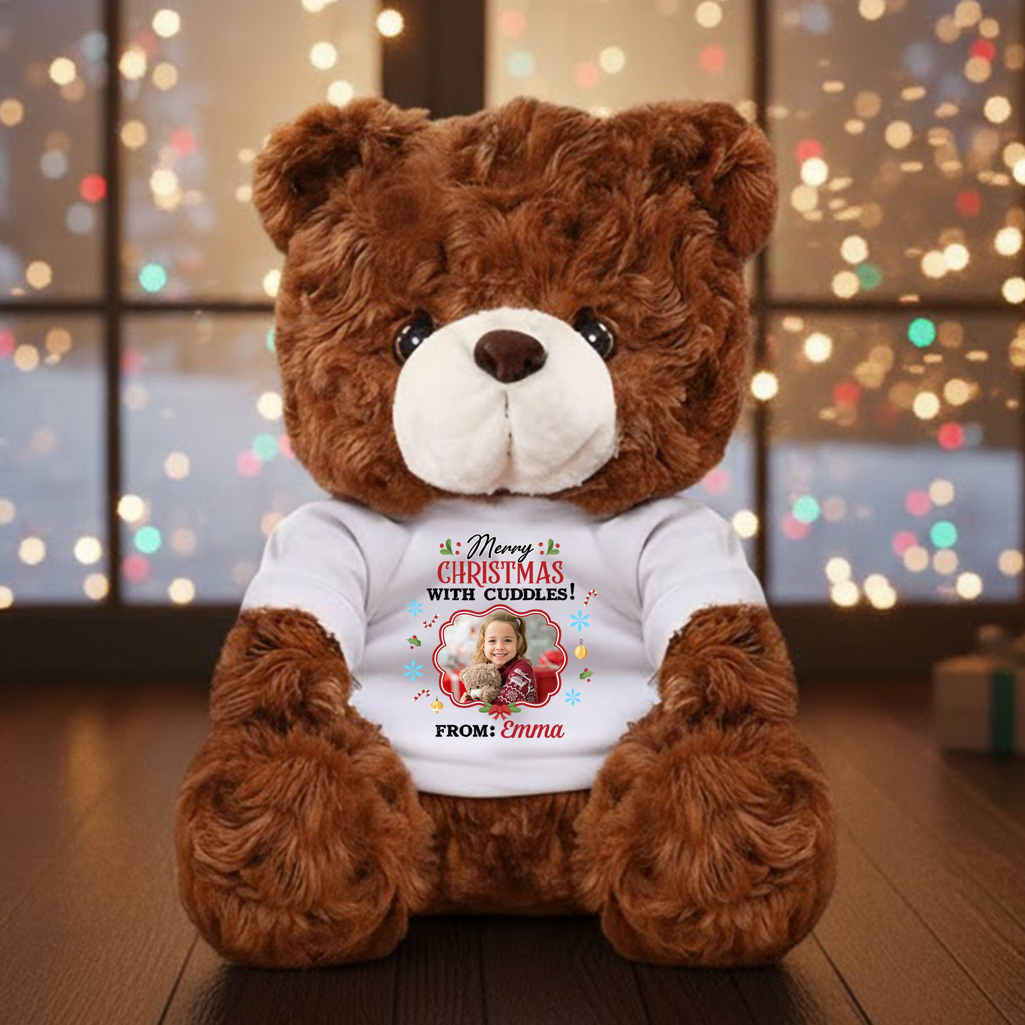 Christmas With Cuddles - Personalized Bear Plush - Custom Name and Photo Teddy Bear