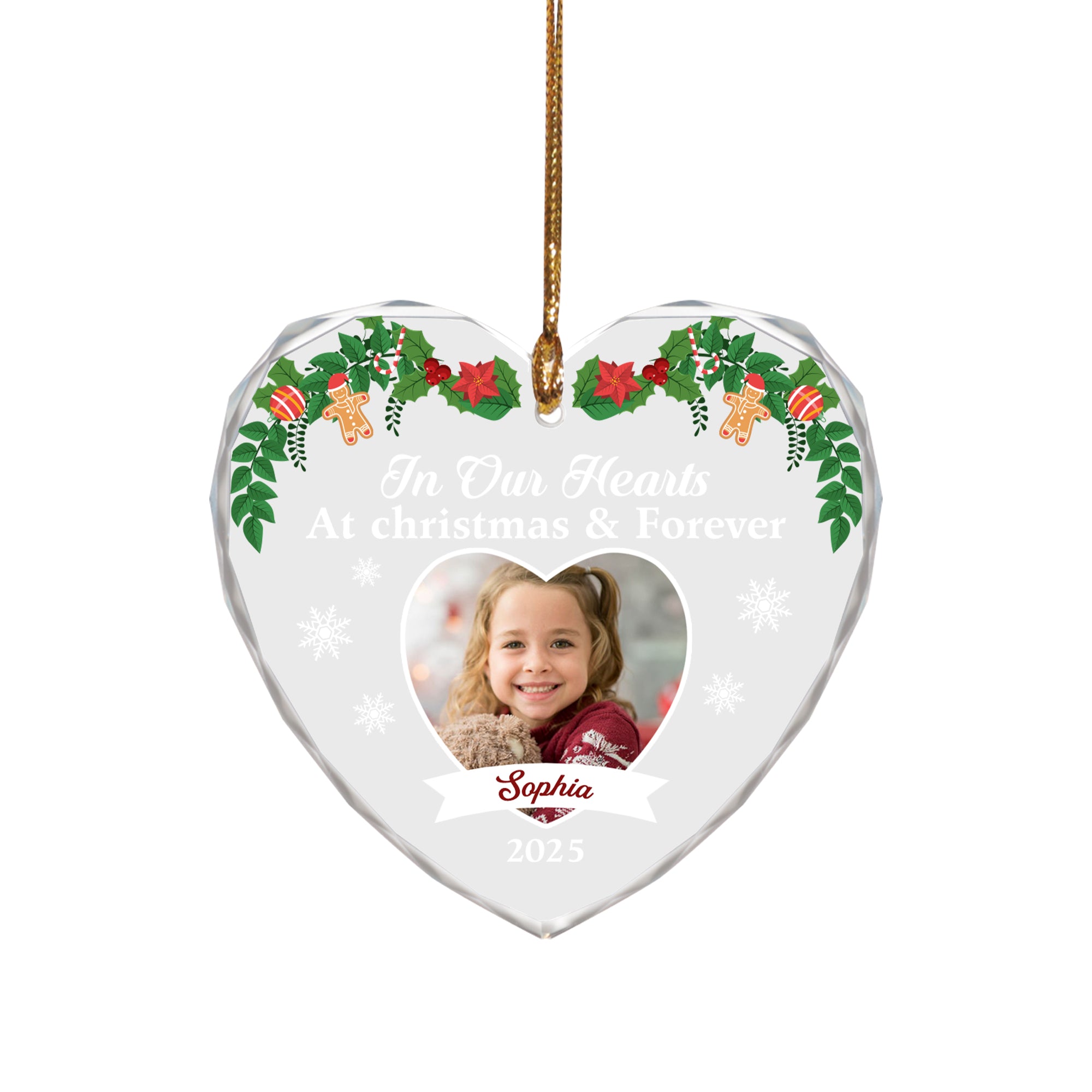 In Our Hearts - Custom Name and Photo - Personalized Glass Ornament - Memorial Gift