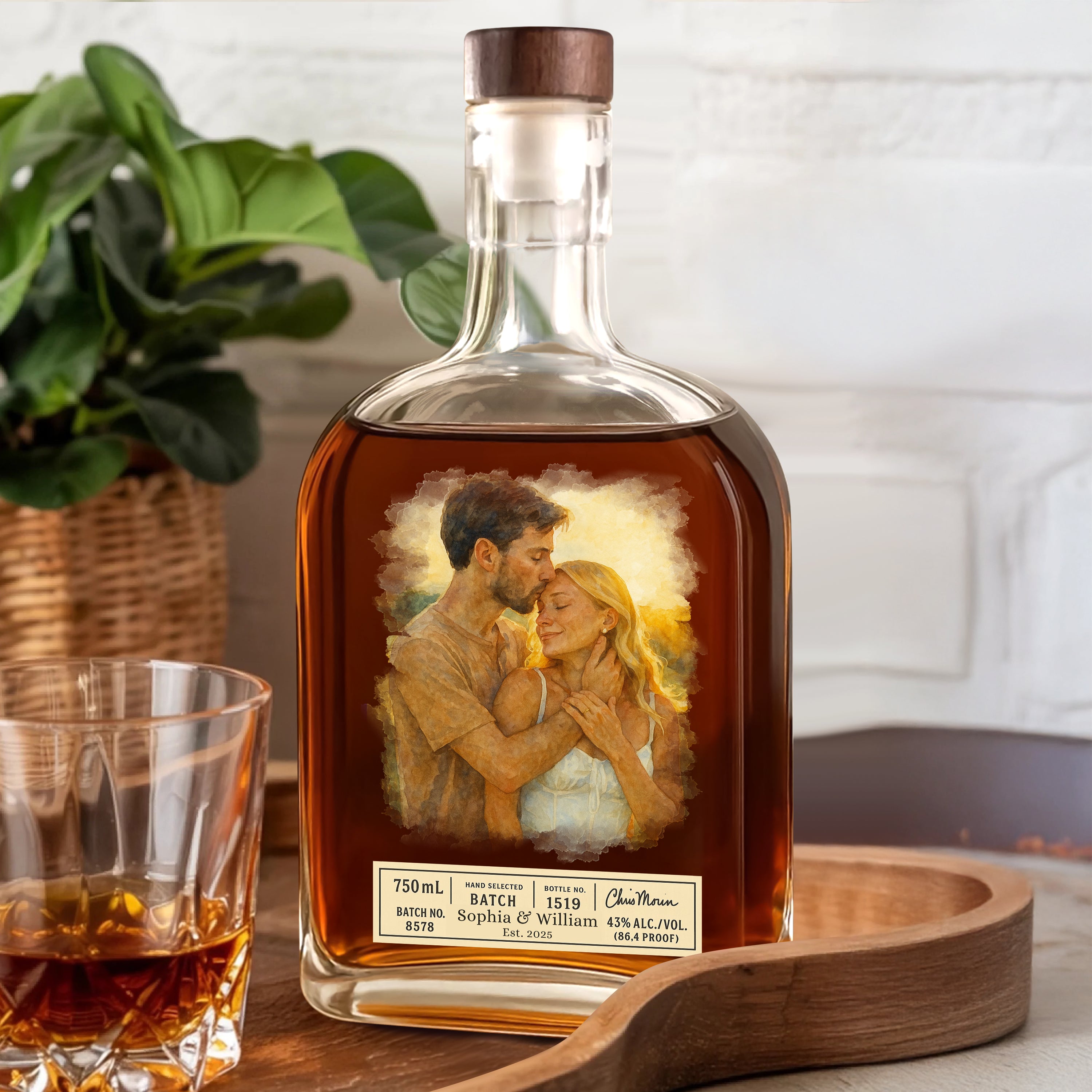 Custom Name and Watercolor Photo - Personalized Custom Whiskey Bottle
