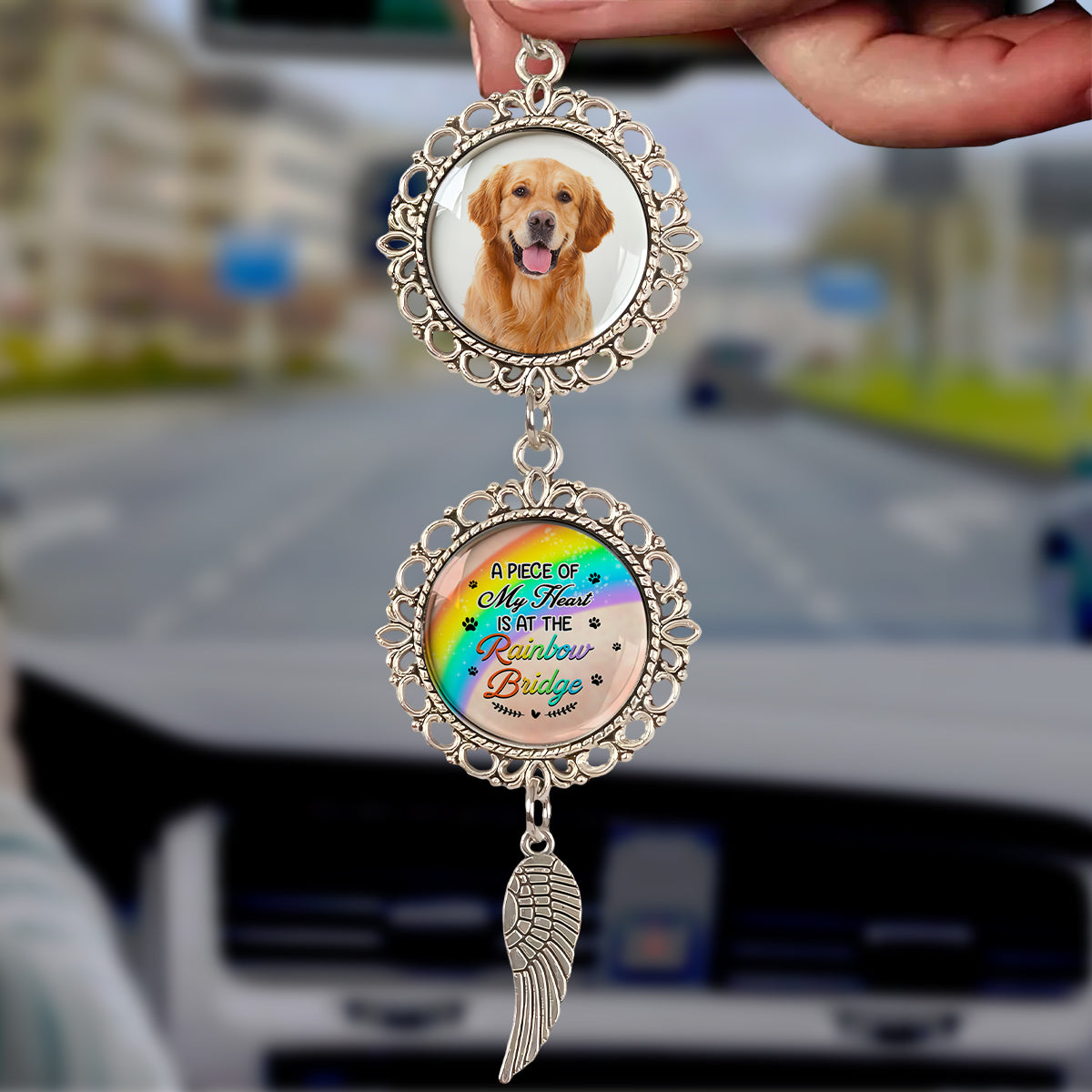 Rainbow Bridge - Personalized Photo Car Ornament With Charm - Pet Memorial