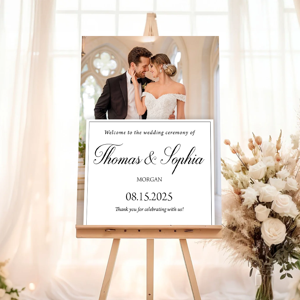 Wedding Ceremony Welcome Sign - Custom Name and Photo Wedding Law Sign