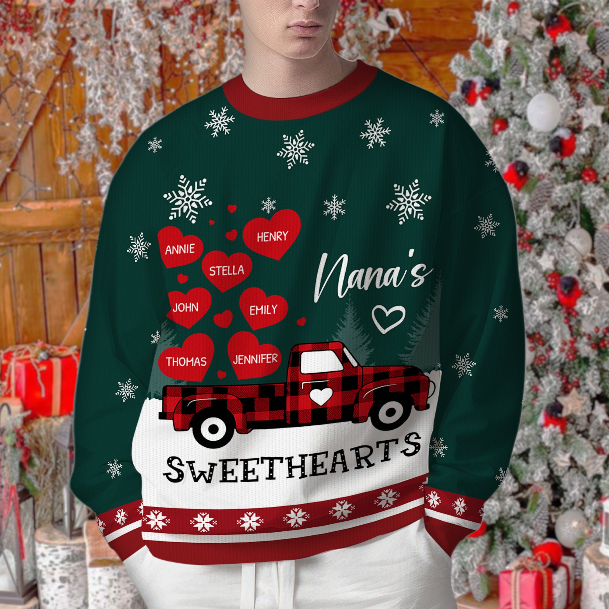 Nana's Heart Car - Custom Name Ugly Christmas Sweatshirt - All-Over-Print Sweatshirt