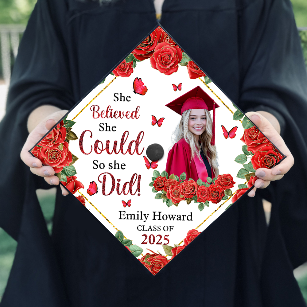 She Believed She Could, So She Did – Custom Graduation Cap Topper | Class of 2025 | Personalized With Name