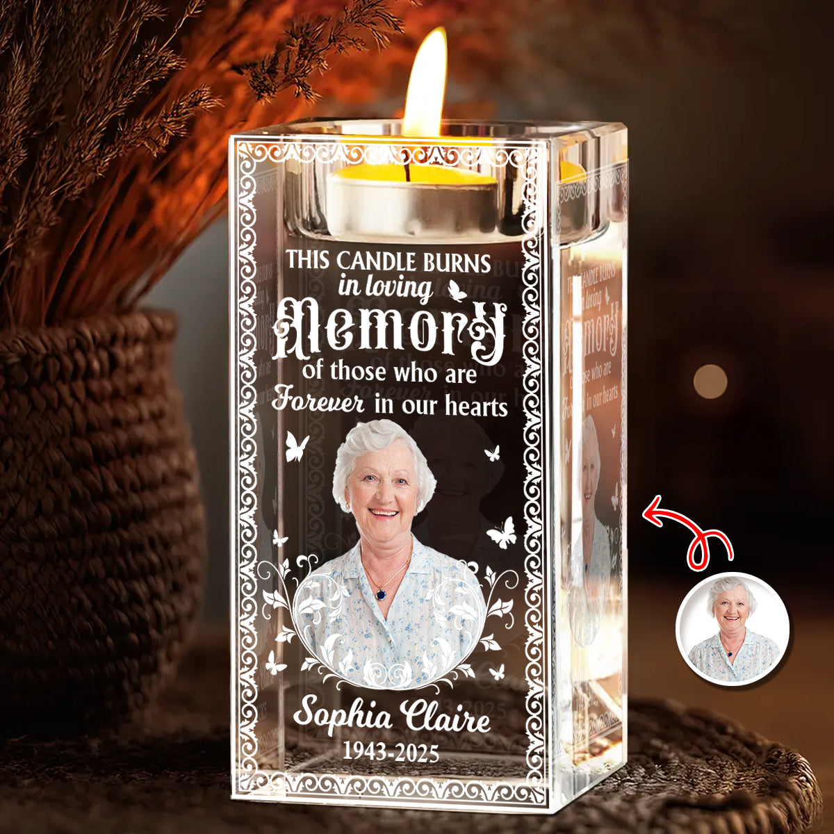 Custom Name and Photo - Personalized Crystal Candle Holder - Memorial Gift