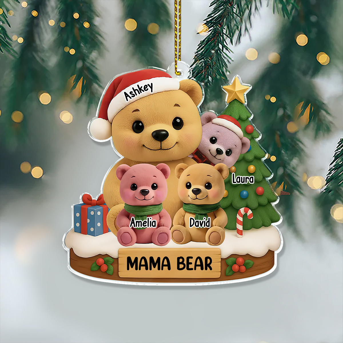 Custom Bear Family Name Ornament - Christmas Decor - Custom Shape Hologram Ornament