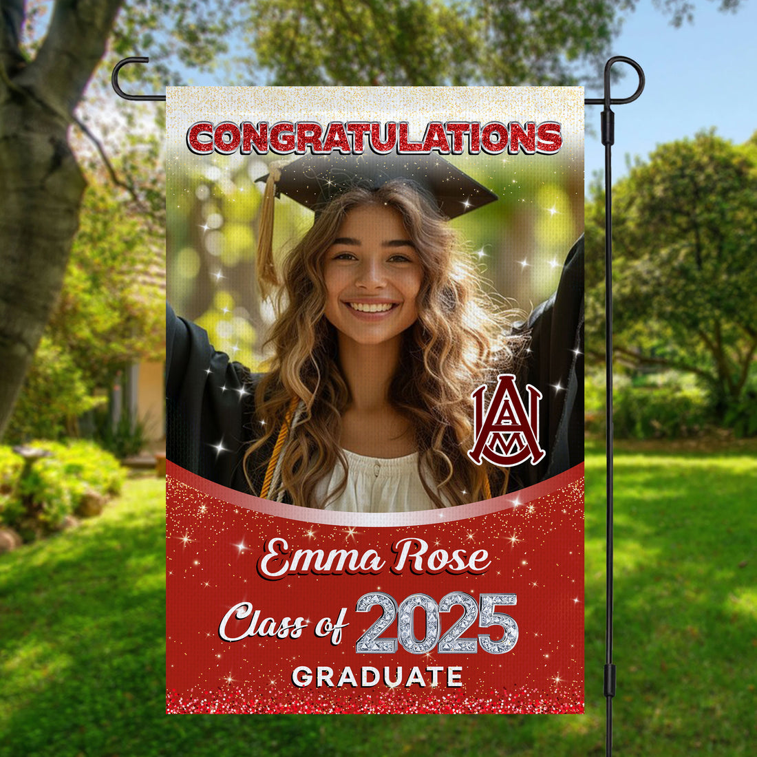Glitter Congrats Graduation 2025 - Custom Name Class Of 2025 With Photo – Graduation Garden Flag & Party Decor