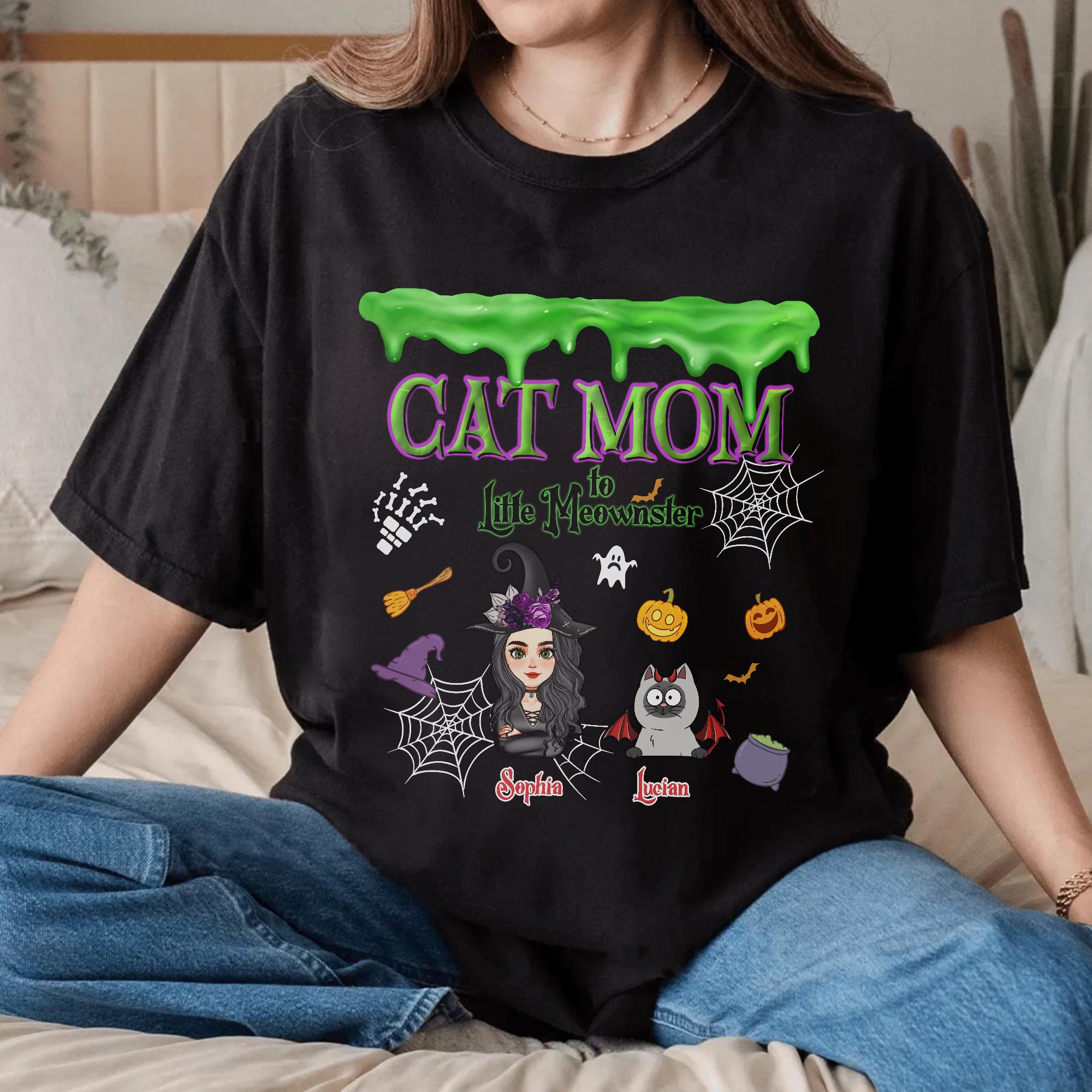 Cat Mom and Meowster - Custom Name Shirt - Personalized Shirt Custom T-shirt - Halloween Shirt for Cat Lover