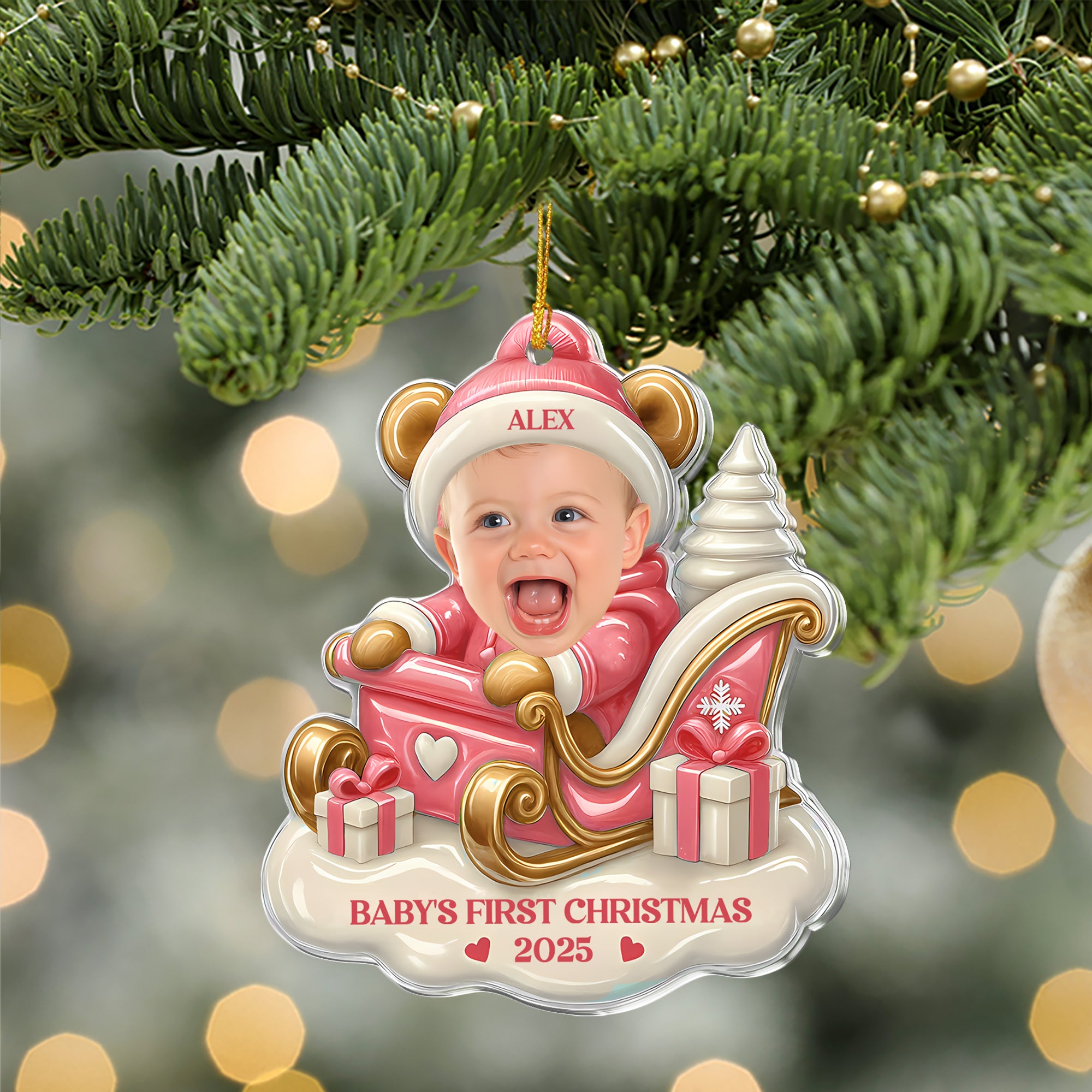 Baby First Christmas - Custom Name and Photo - Custom Shape Hologram Ornament - Christmas Decor