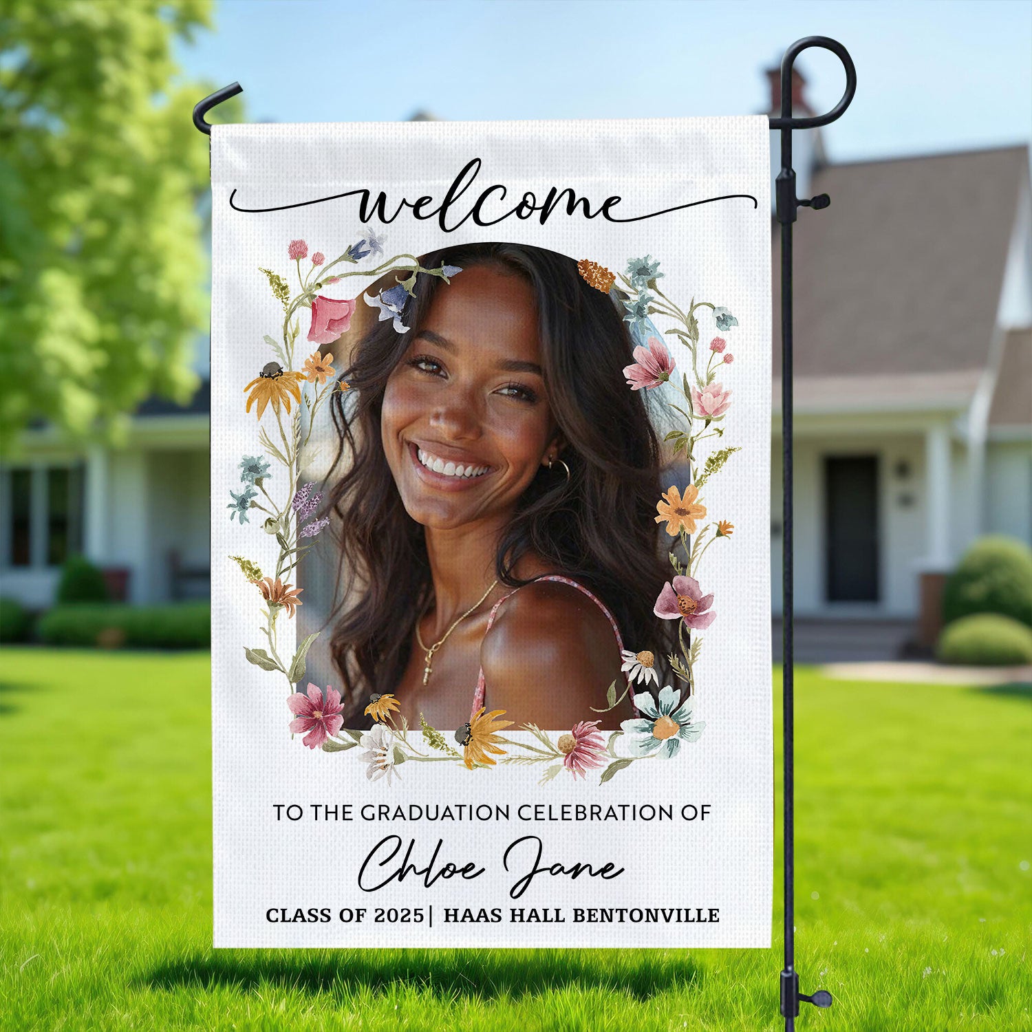 Welcome To The Graduation Celebration – Personalized Floral Welcome Sign and Garden Flag – Party Decor