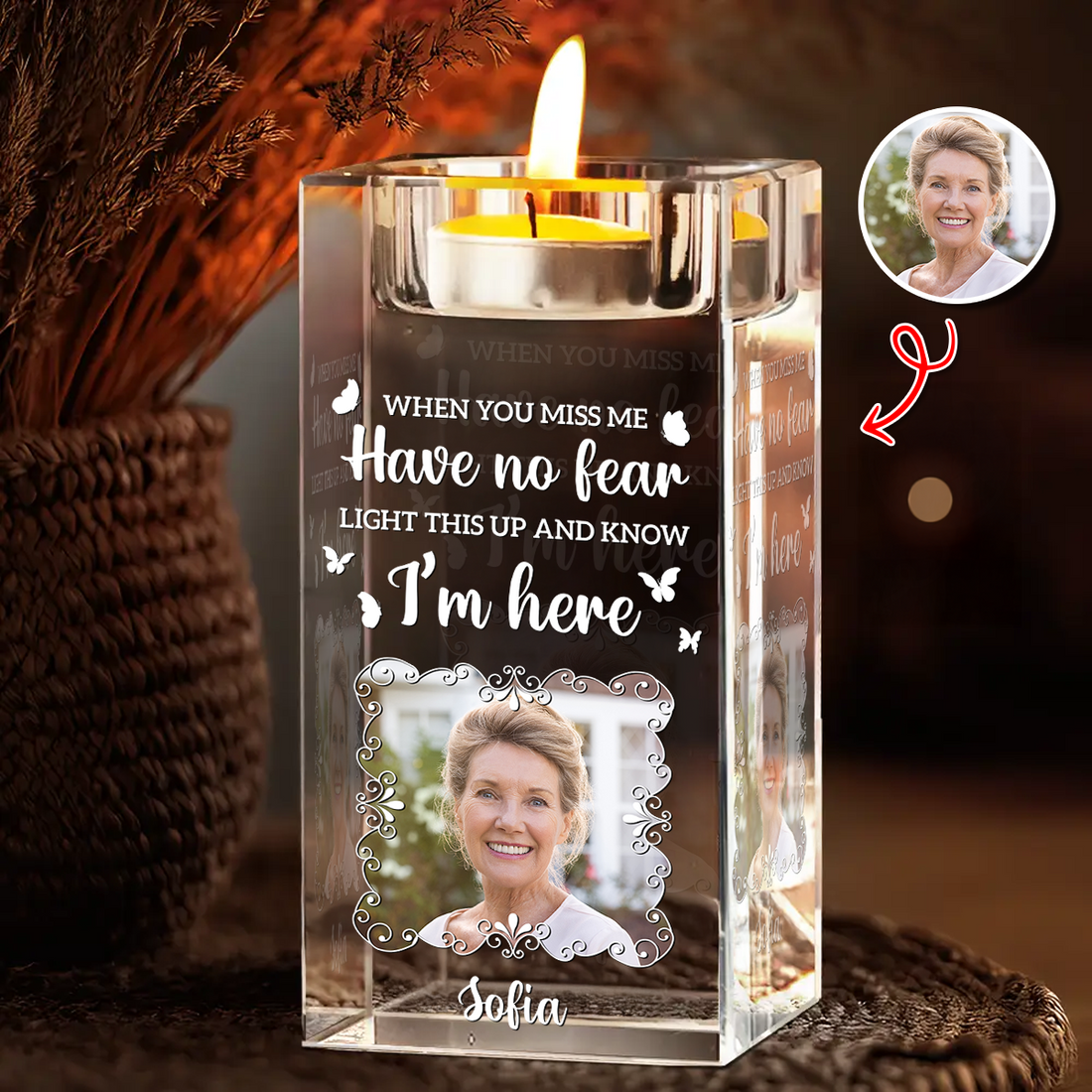 Custom Name and Photo Crystal Candle Holder - Sympathy Gift
