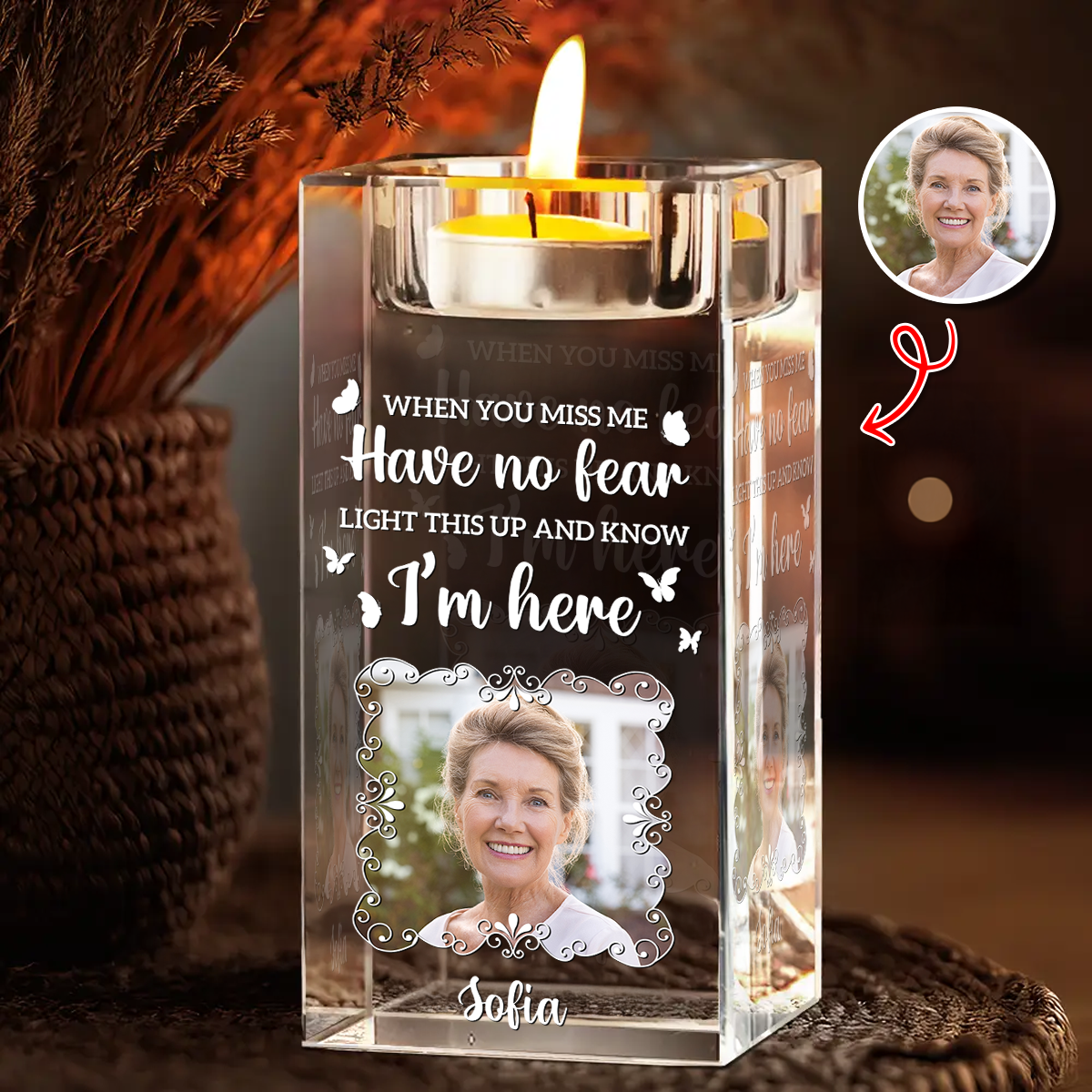 Custom Name and Photo Crystal Candle Holder - Sympathy Gift