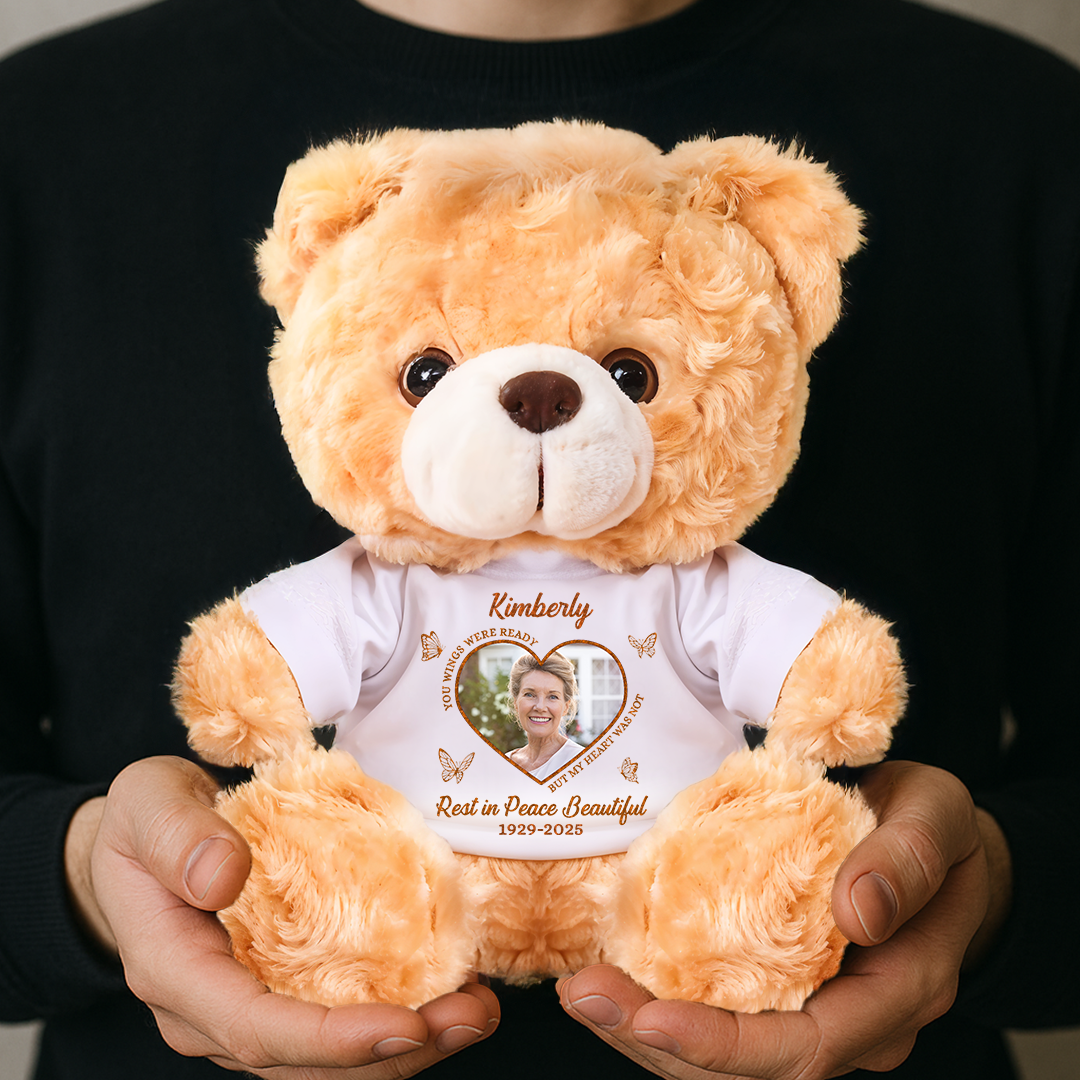 Rest In Peace Beautiful - Personalized Memorial Bear Plush - Custom Name and Photo Teddy Bear