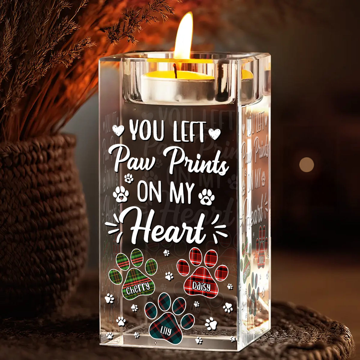 Pawprints On My Heart - Personalized Crystal Candle Holder - Pet Memorial