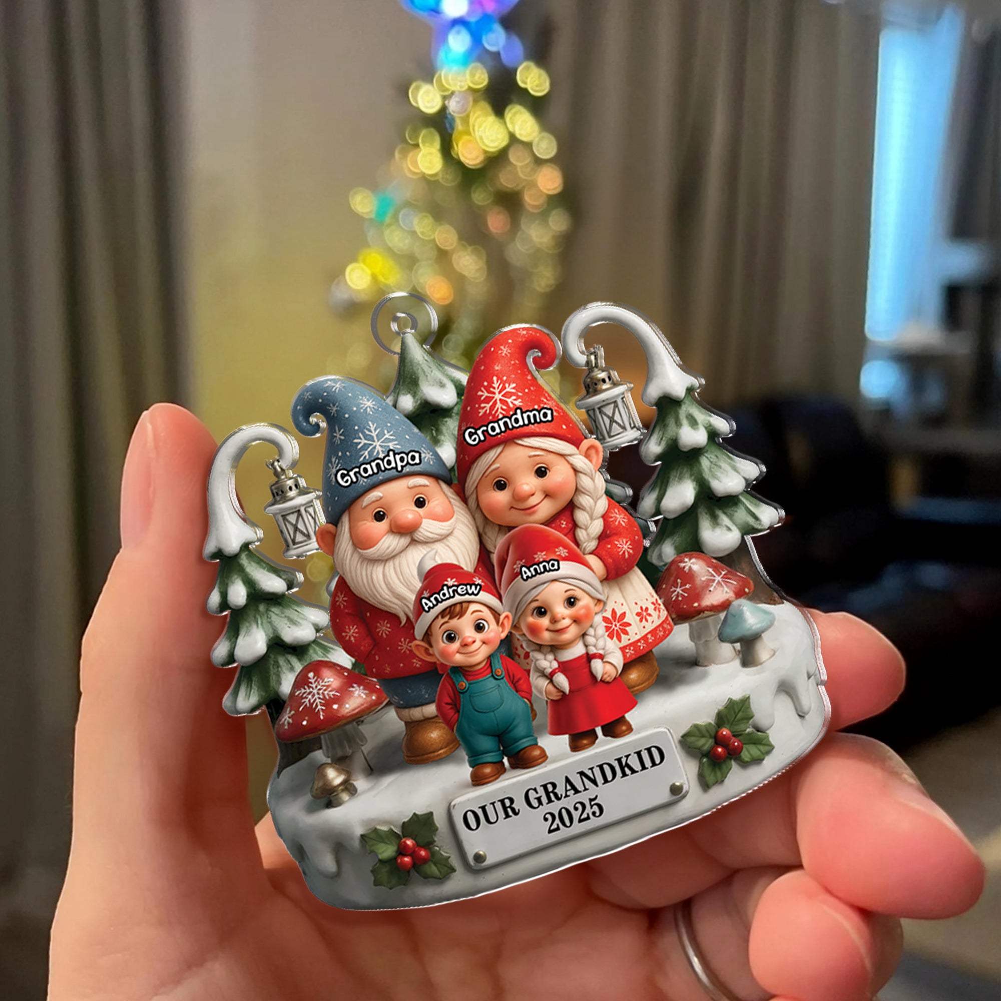 Elf Grandpa Grandma - Custom Name - Custom Shape Hologram Ornament - Christmas Gift