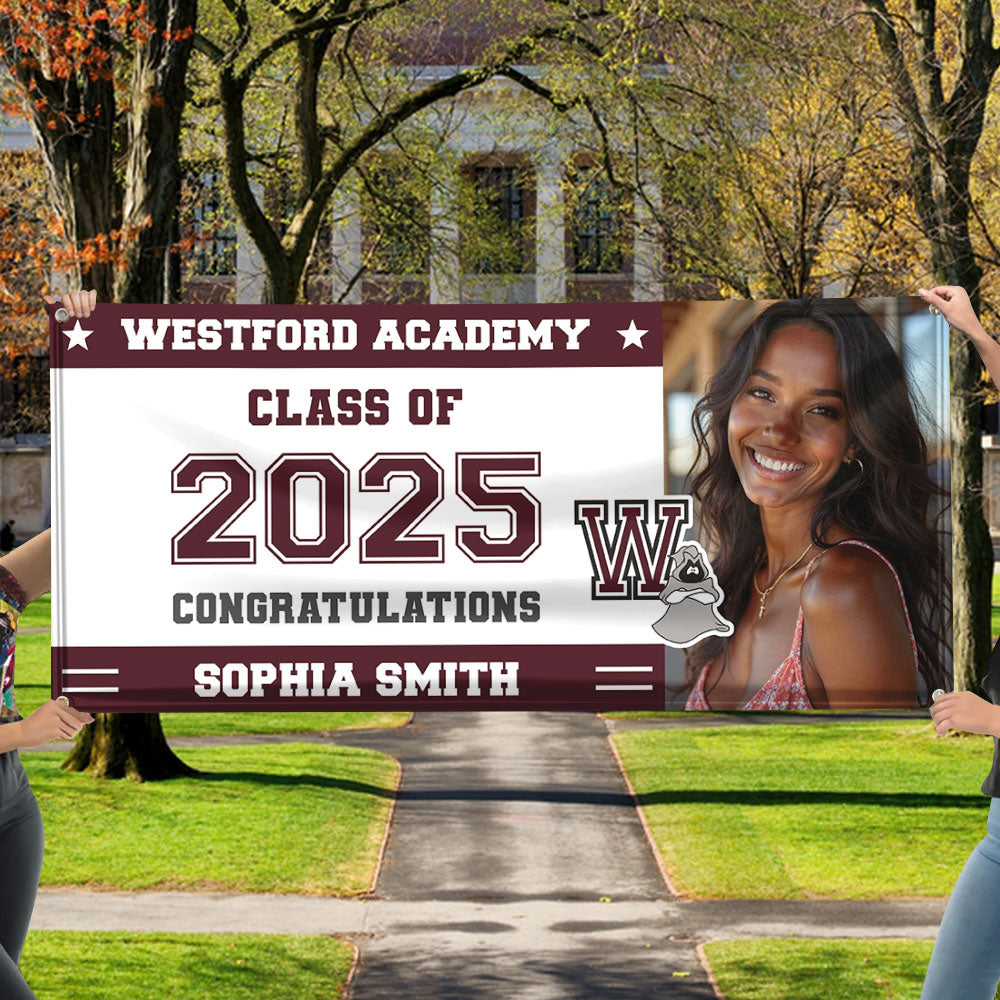 Class of 2025 Graduation Banner – Custom Name, Photo & School Logo Decoration