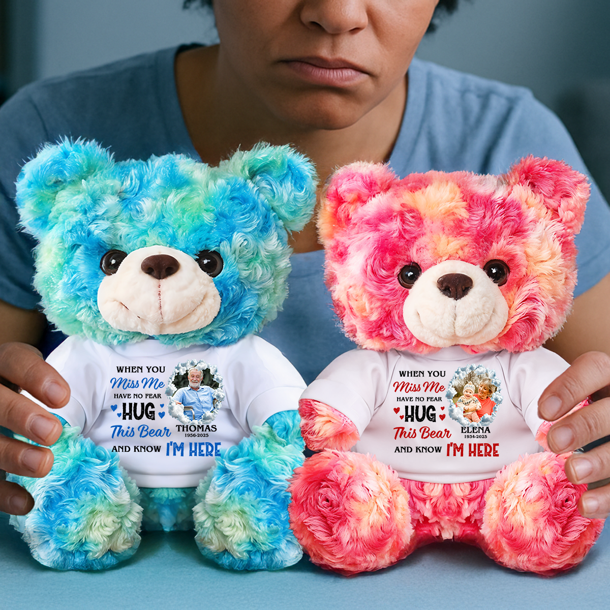 When You Miss Me Hug This Bear - Personalized Memorial Bear Plush - Custom Photo and Name Bear