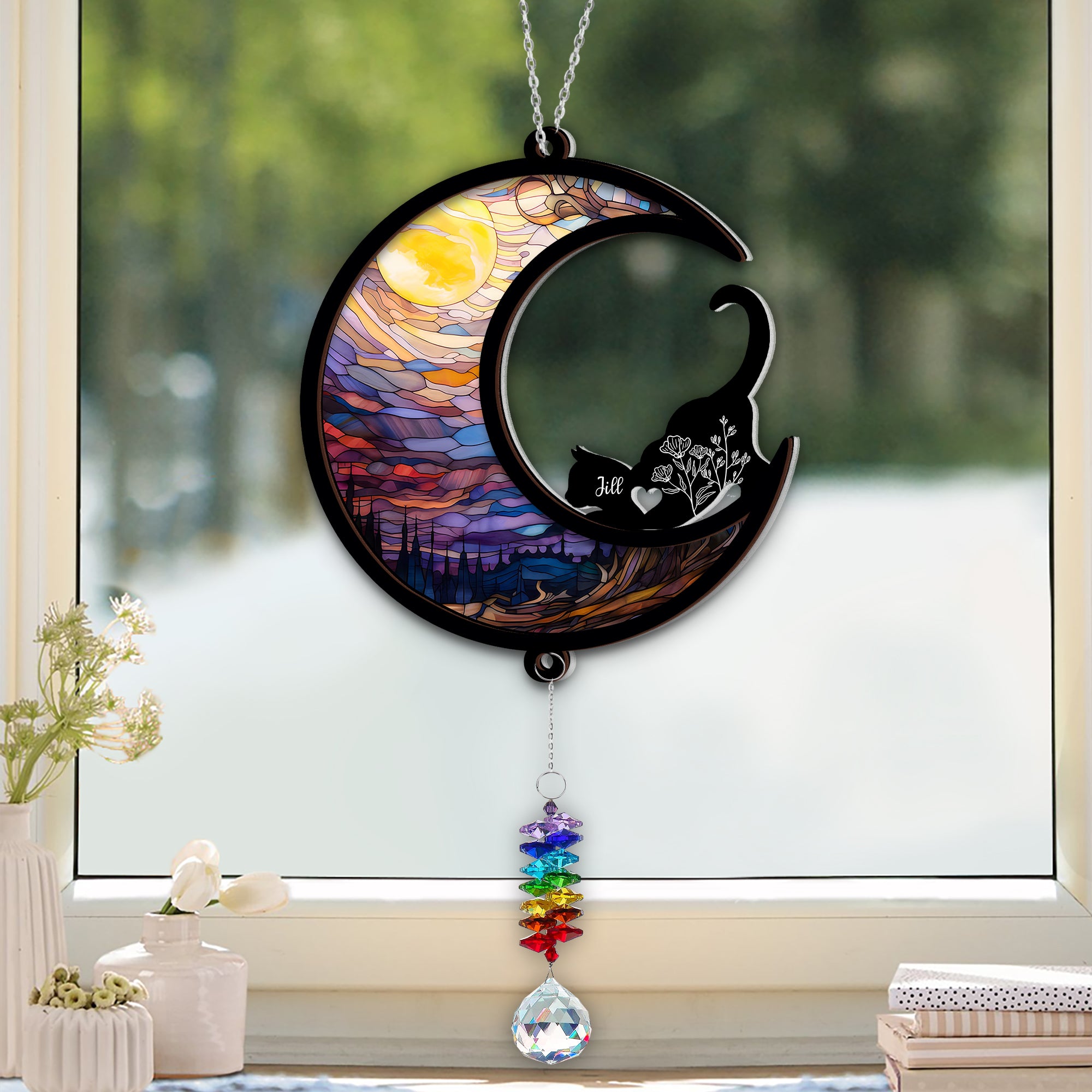 Cat Silhouette - Ornament Hanging Piece With Crystal Charm - Cat Lover Gift