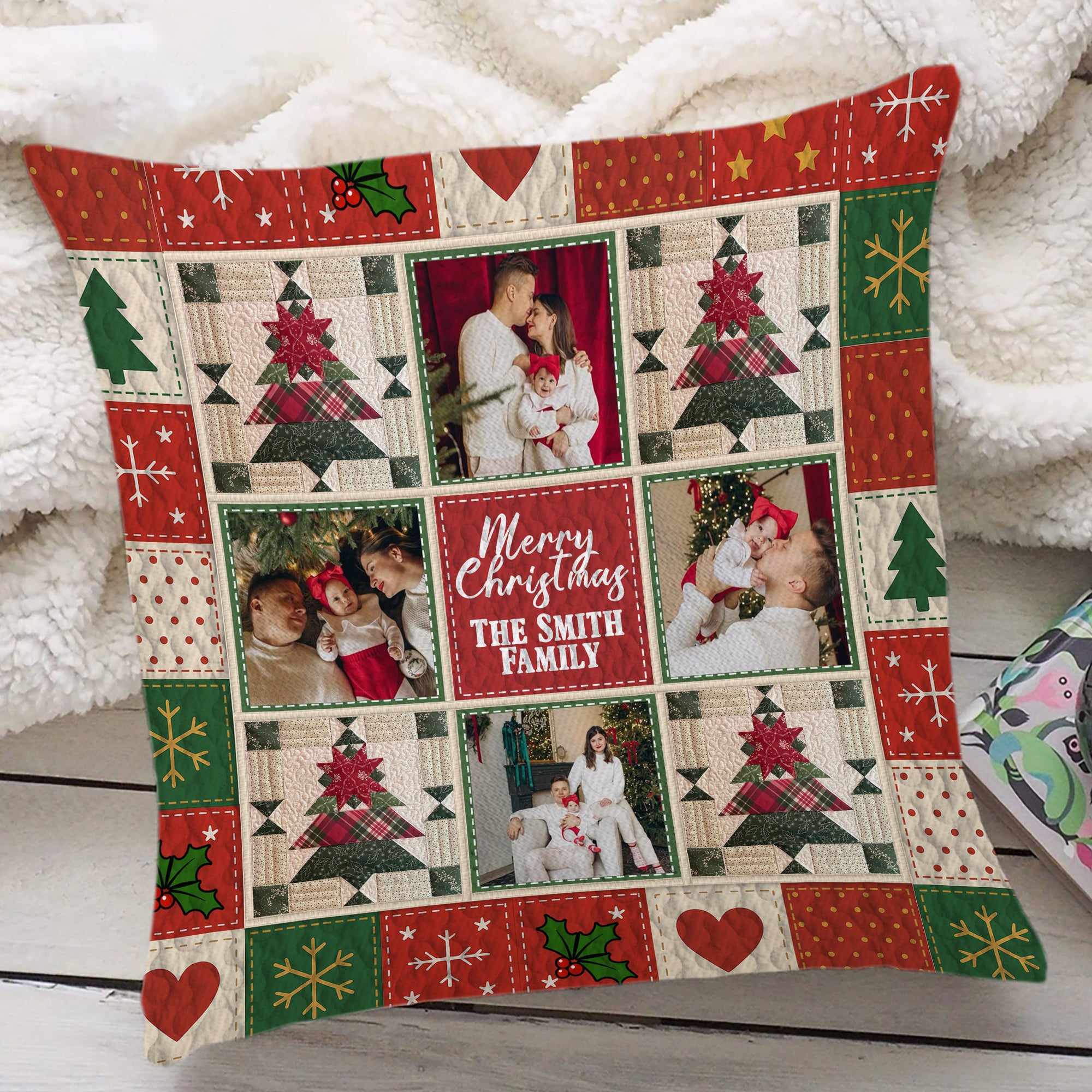 Christmas Family - Custom Name and Photo Gift - Personalized Pillow