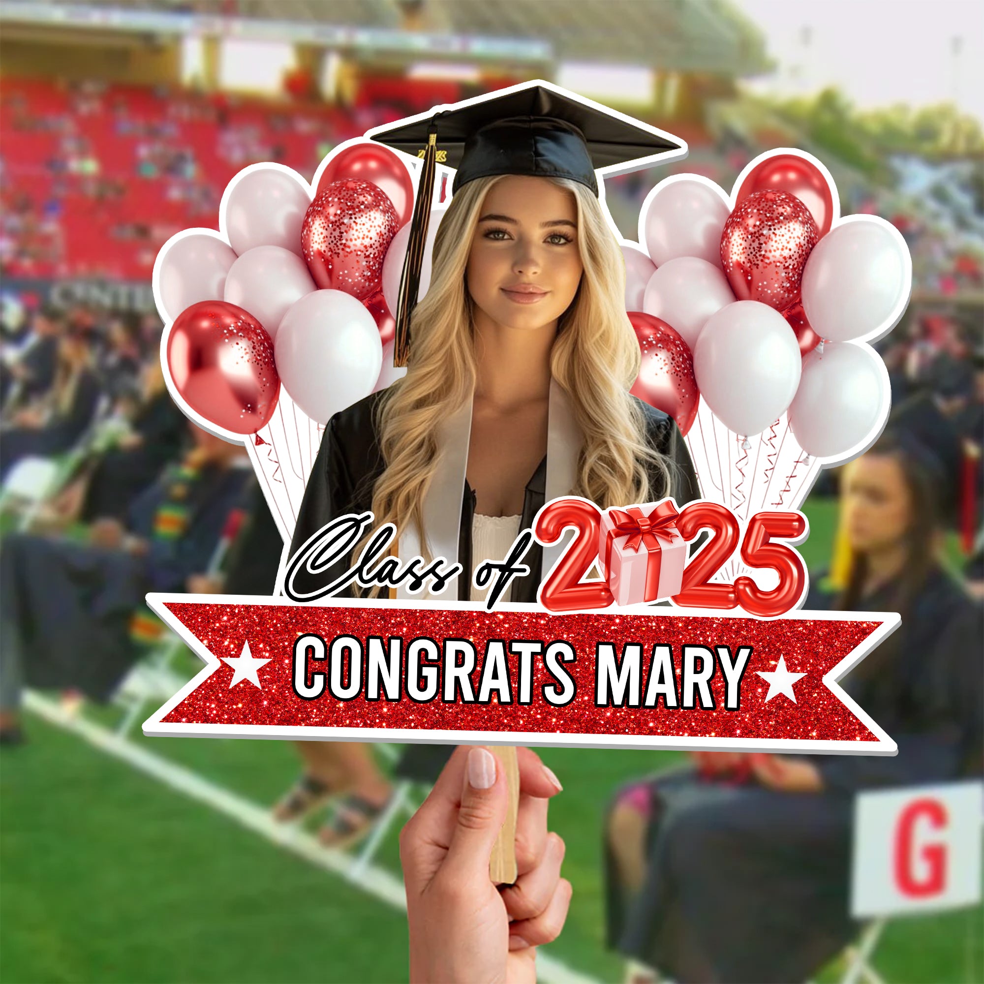 Personalized Face Fans With Wooden Handle - Graduation Keepsake Gift - Colorful Glitter Senior Photo Class Of 2025