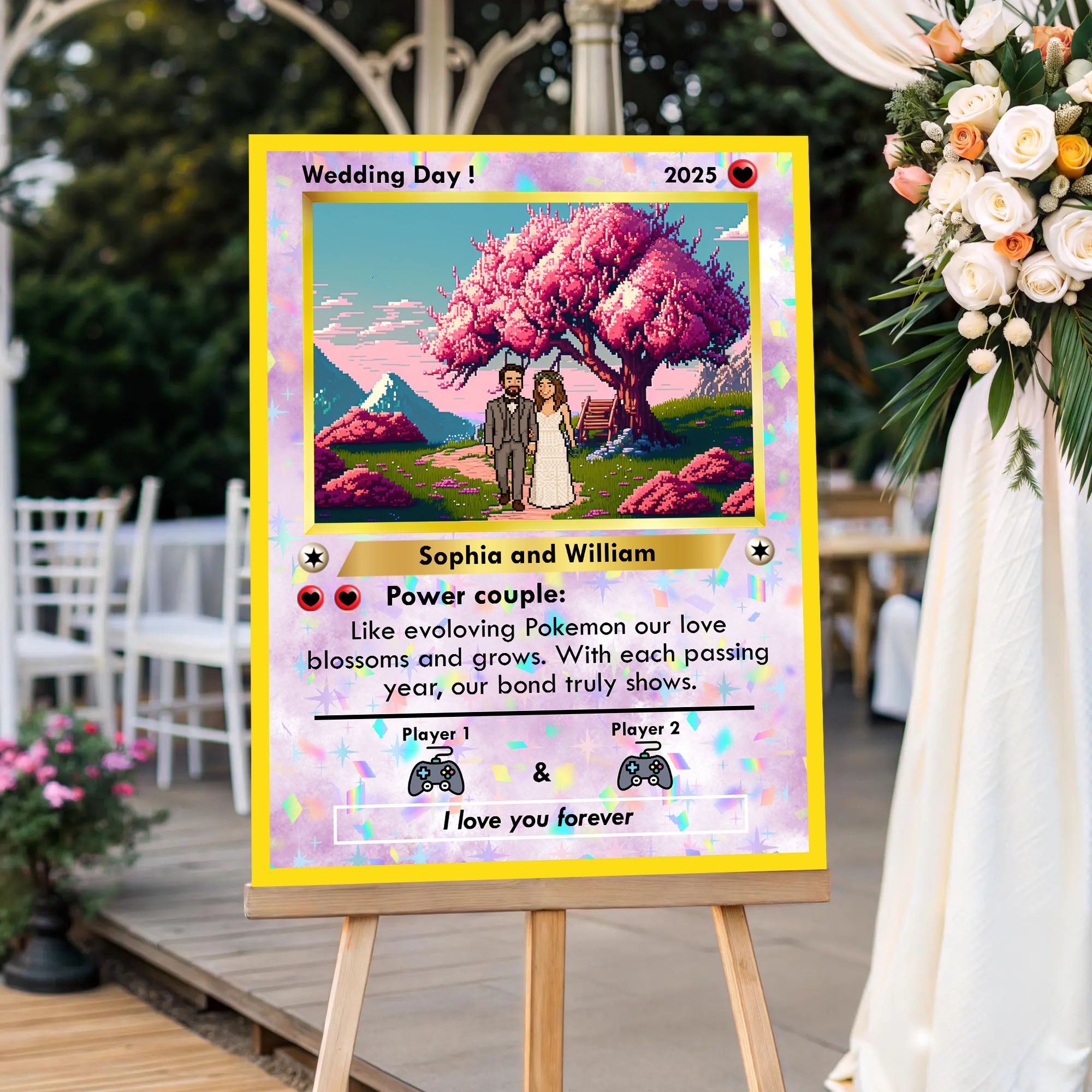 Wedding Welcome Sign - Pixel Style Art - Custom Name and Photo Wedding Law Sign