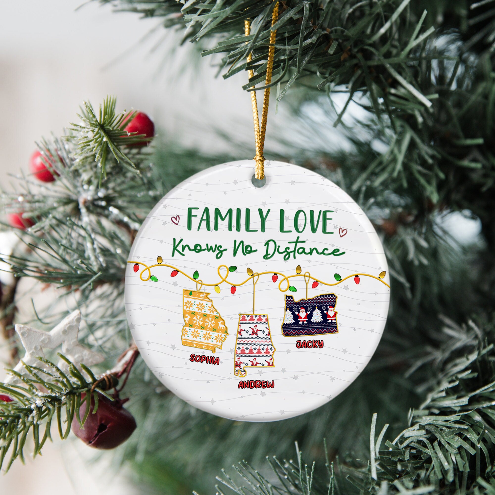 Custom Name and State Ceramic Ornament - Family Love Knows No Distance - Home Decor