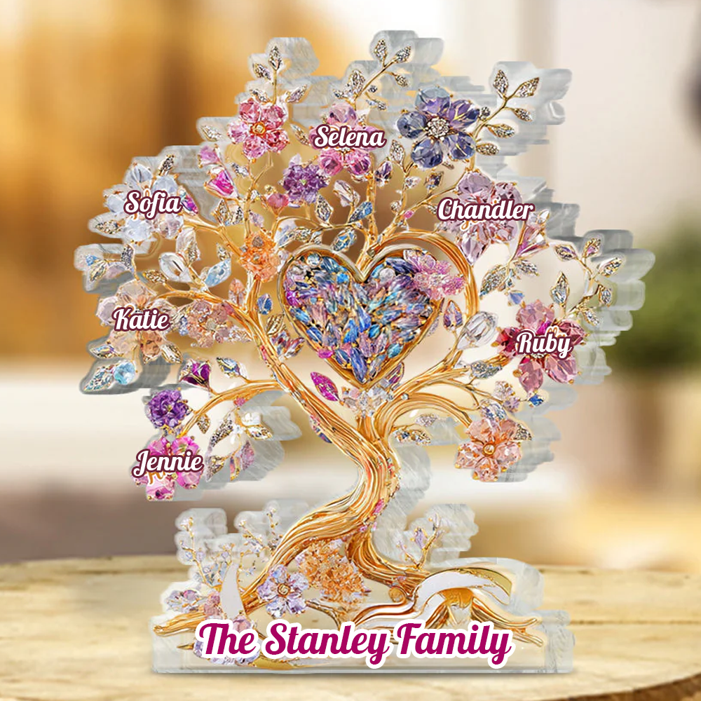 Family Tree Hearts and Flowers - Personalized Name Gift - Custom Shape Acrylic Block Plaque