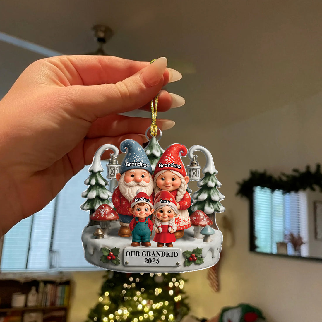 Elf Grandpa Grandma - Custom Name - Custom Shape Hologram Ornament - Christmas Gift