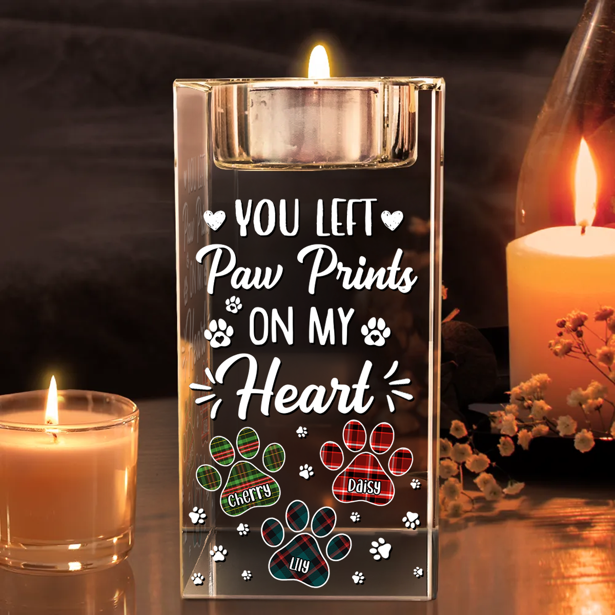 Pawprints On My Heart - Personalized Crystal Candle Holder - Pet Memorial