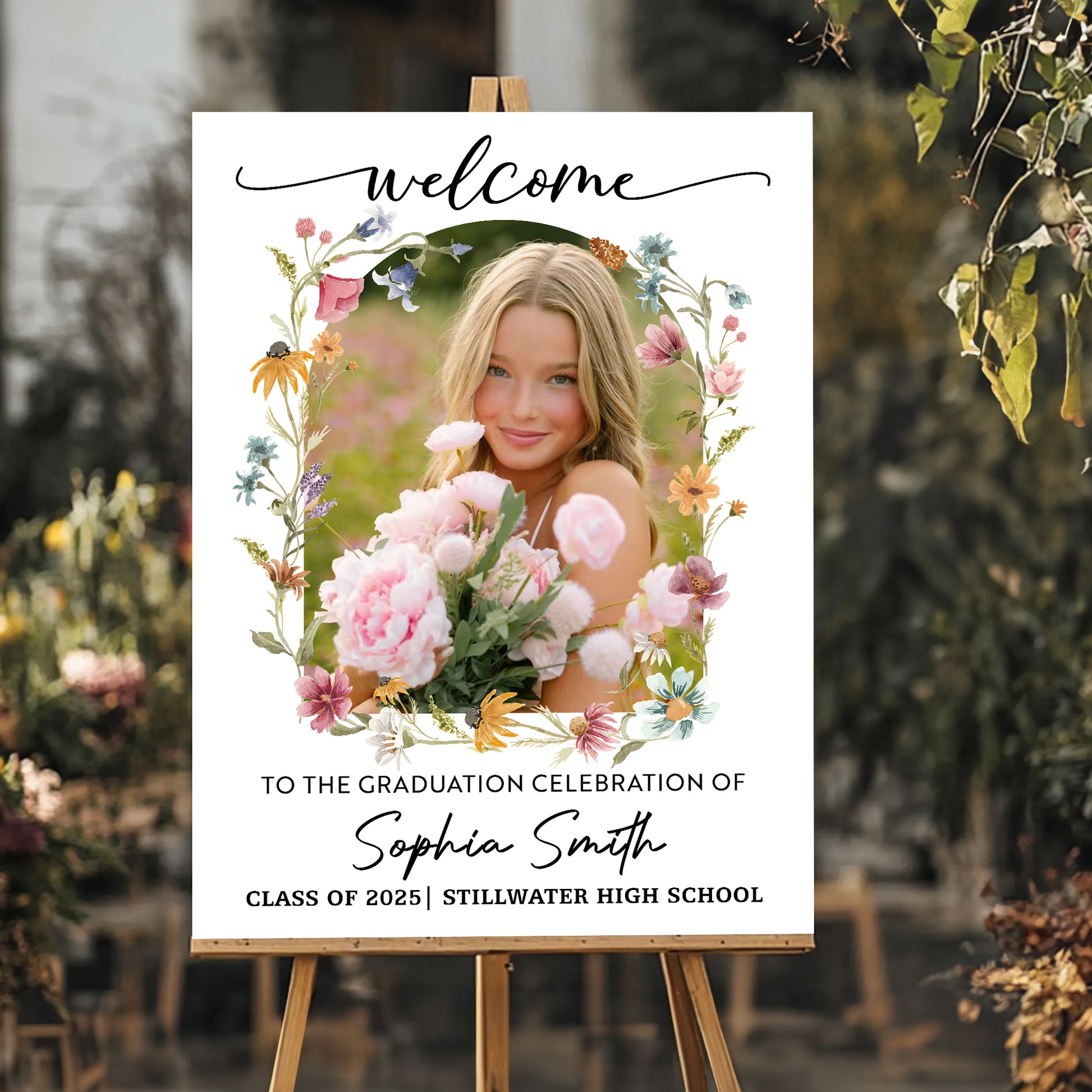 Welcome To The Graduation Celebration – Personalized Floral Welcome Sign and Garden Flag – Party Decor