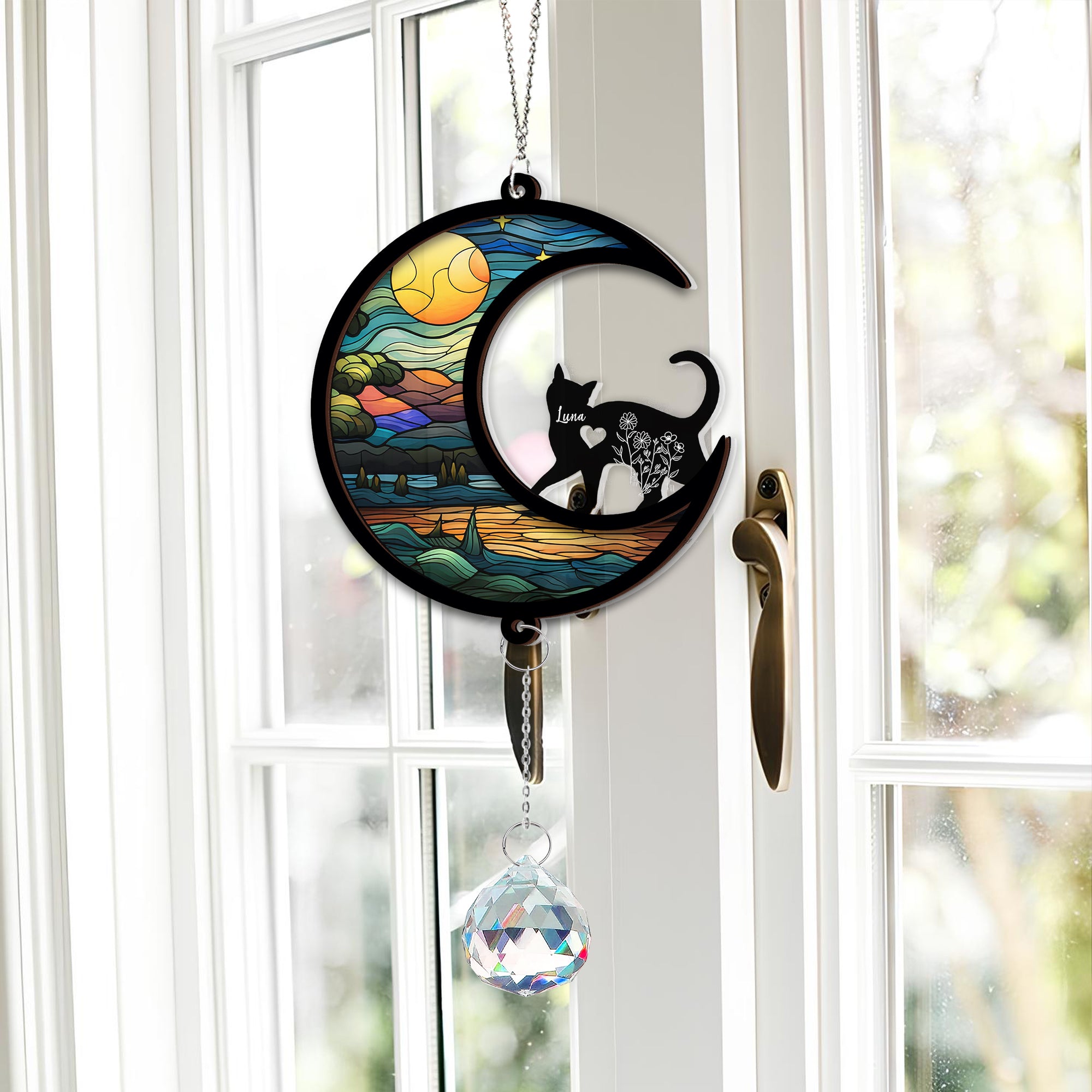 Cat Silhouette - Ornament Hanging Piece With Crystal Charm - Cat Lover Gift