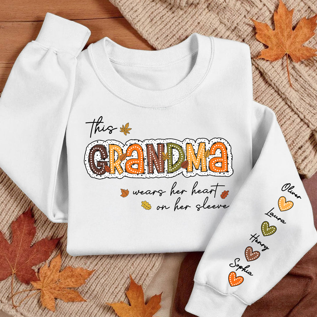 Personalized Gift For Grandma - Grandma Wears Her Heart On Her Sleeves - Custom Name Christmas Shirt