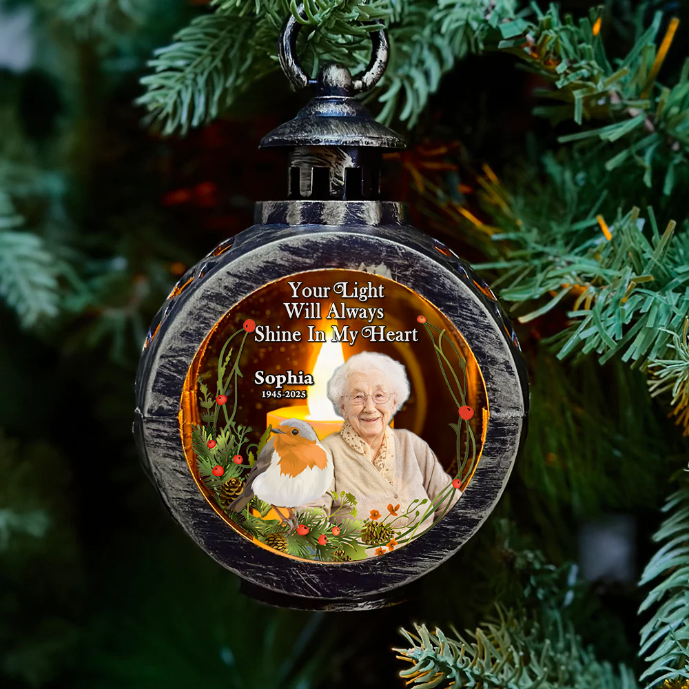 Your Light In My Heart - Custom Name and Photo - Personalized Memorial Candlelight Lantern Ornament