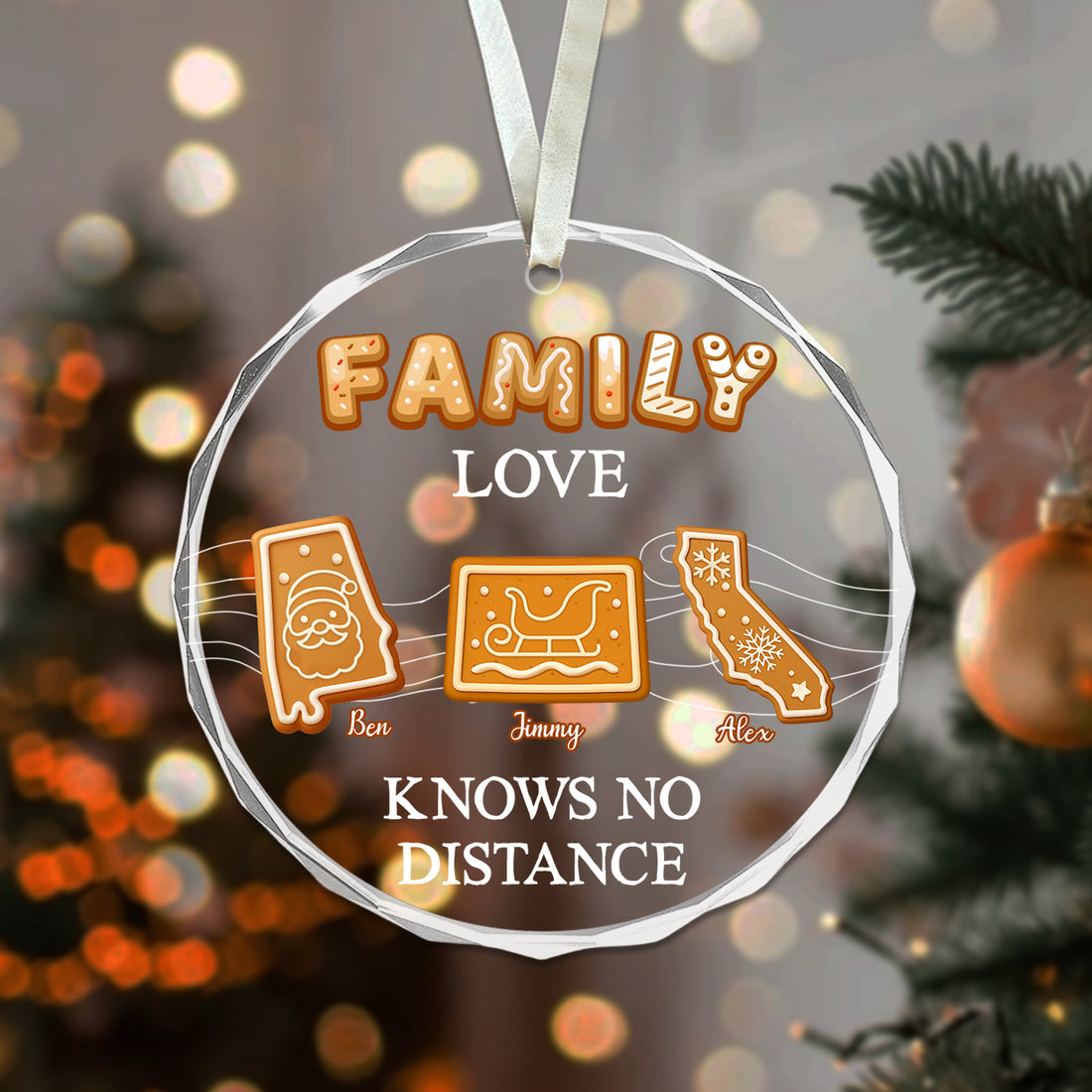 Family Love Knows No Distance - Custom State - Personalized Glass Ornament