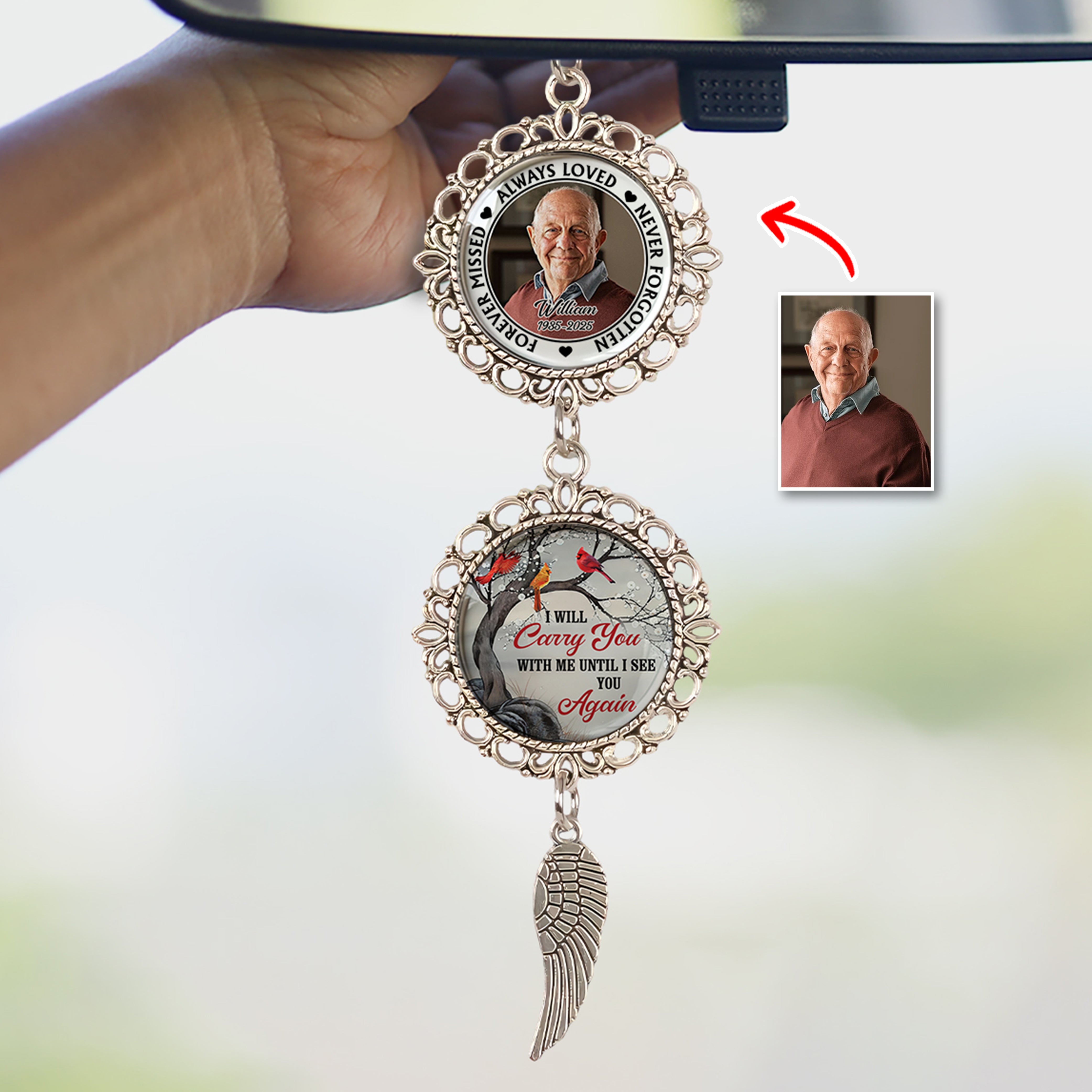 I am Always With You Cardinal- Personalized Photo Car Ornament With Charm