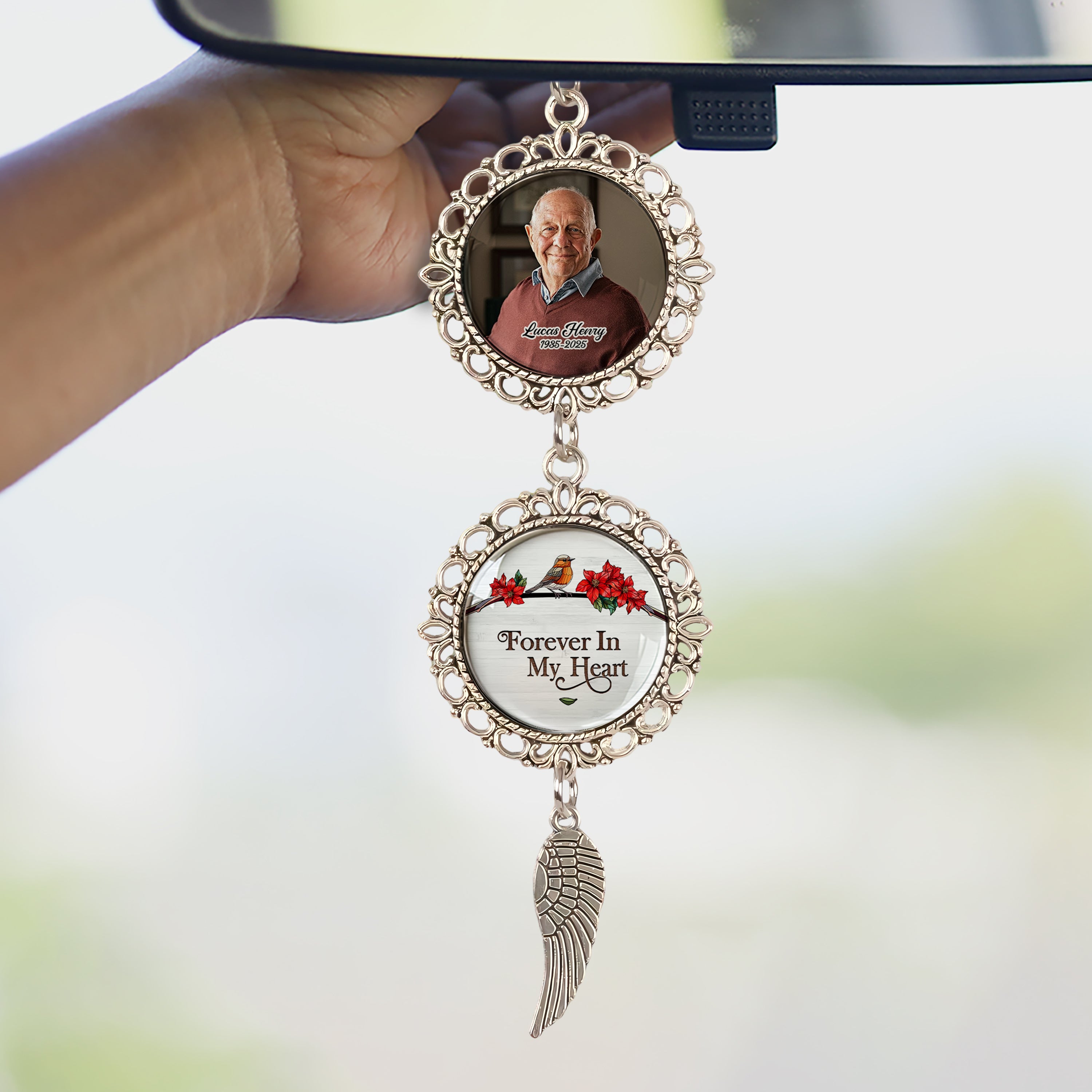 Forever In Our Hearts - Personalized Photo Car Ornament With Charm