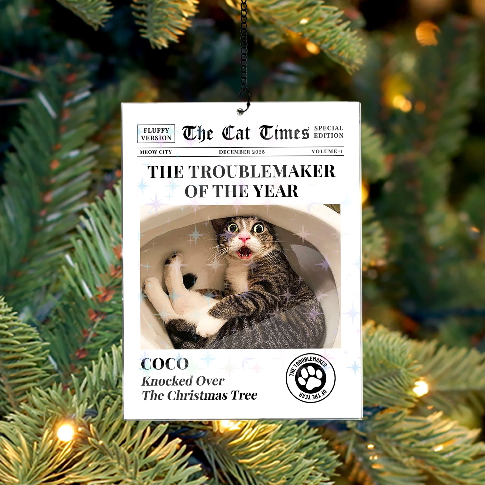 The Cat Dog Times - Custom Name and Photo - Custom Shape Hologram Ornament