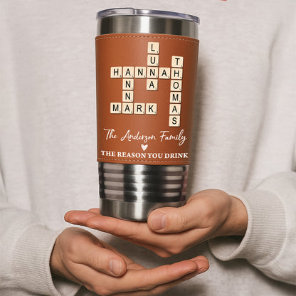 Family Name Crossword - Personalized Leather Tumbler - Gift for Family