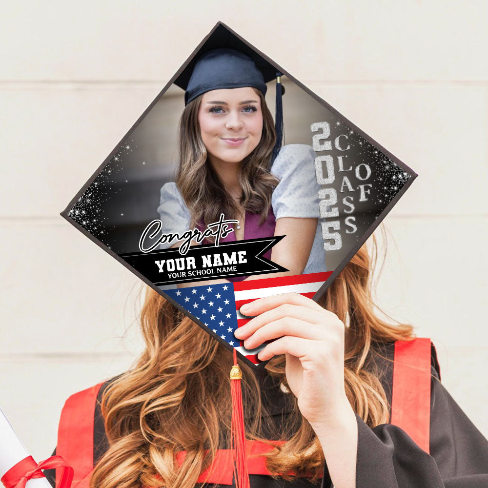 Personalized Flags Class Of 2025 Photo Graduation Cap Topper, Decorations For Grad Cap