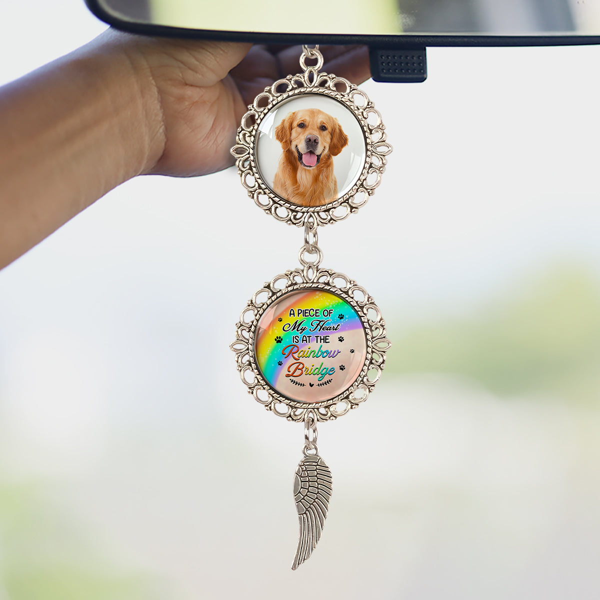 Rainbow Bridge - Personalized Photo Car Ornament With Charm - Pet Memorial