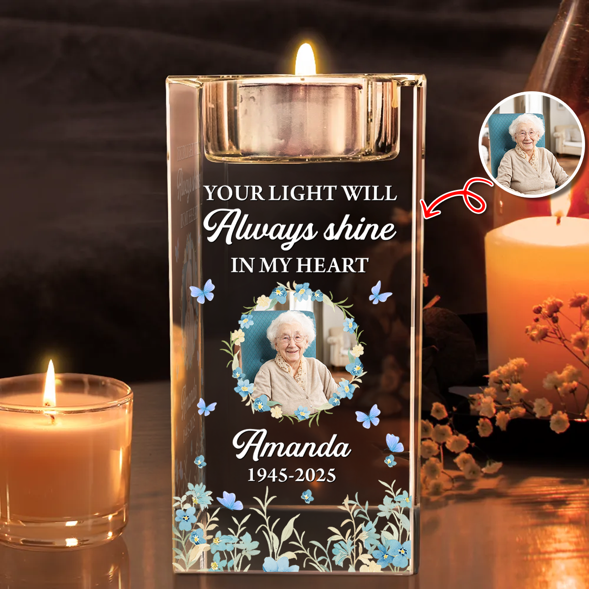 Your Light Will Always Shine - Personalized Crystal Candle Holder - Sympathy Gift