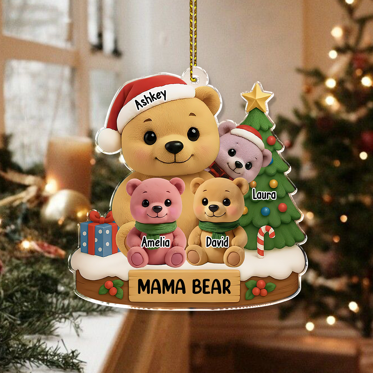 Custom Bear Family Name Ornament - Christmas Decor - Custom Shape Hologram Ornament