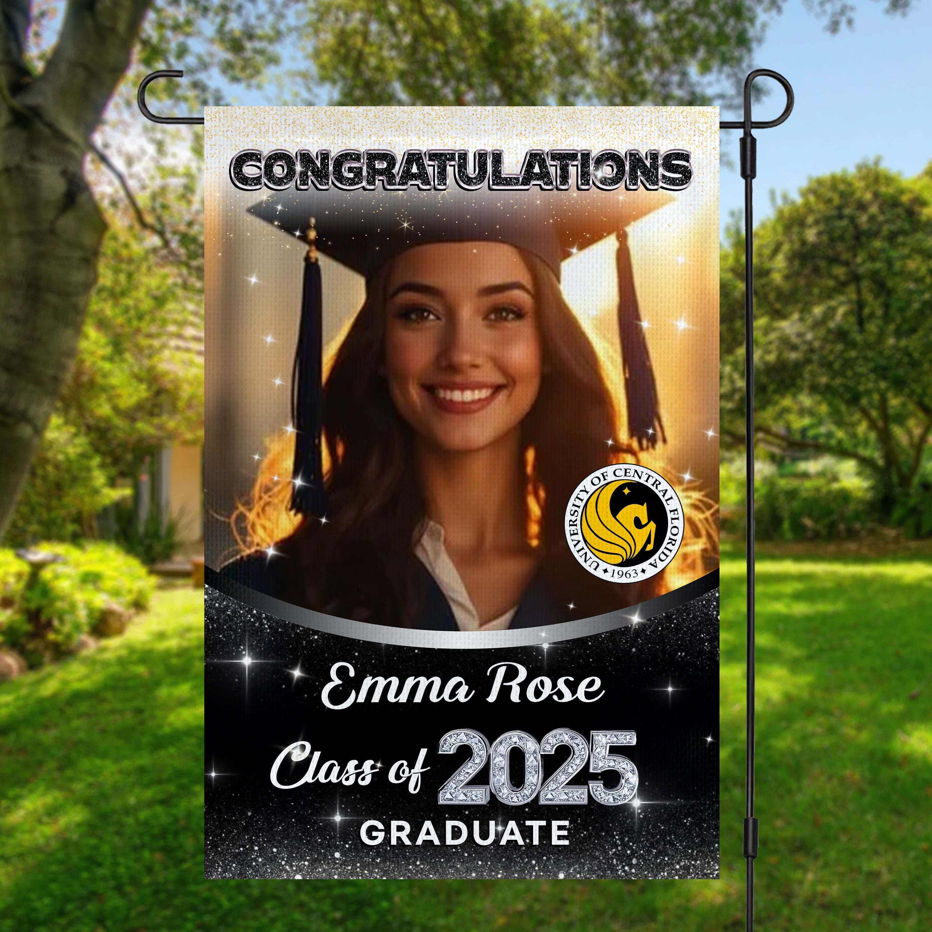 Glitter Congrats Graduation 2025 - Custom Name Class Of 2025 With Photo – Graduation Garden Flag & Party Decor