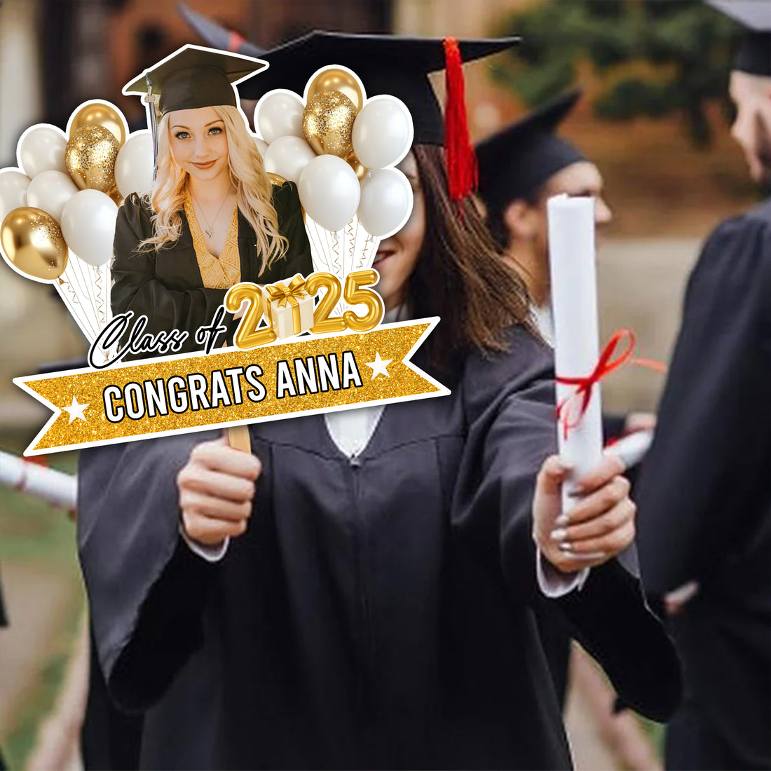 Personalized Face Fans With Wooden Handle - Graduation Keepsake Gift - Colorful Glitter Senior Photo Class Of 2025