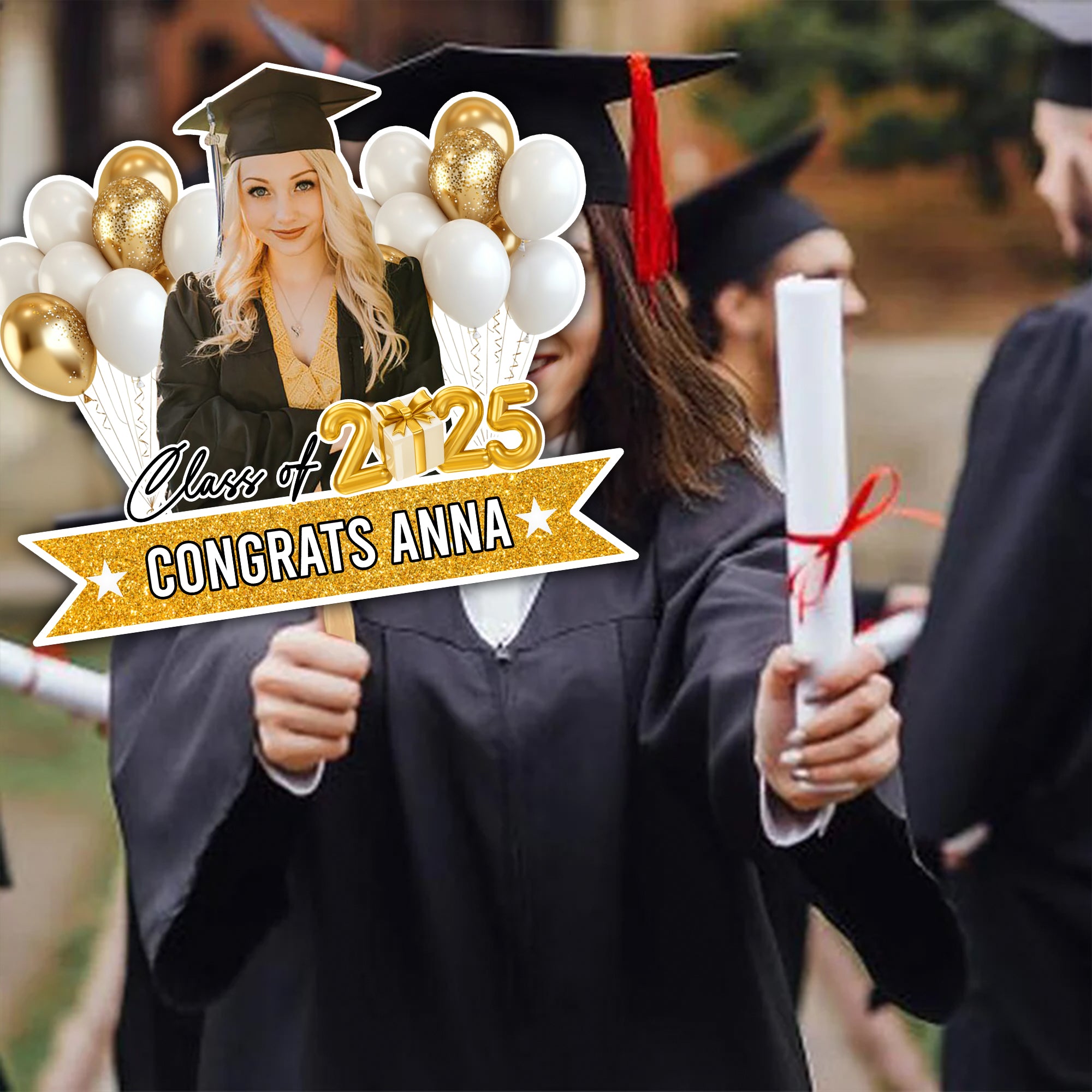 Personalized Face Fans With Wooden Handle - Graduation Keepsake Gift - Colorful Glitter Senior Photo Class Of 2025